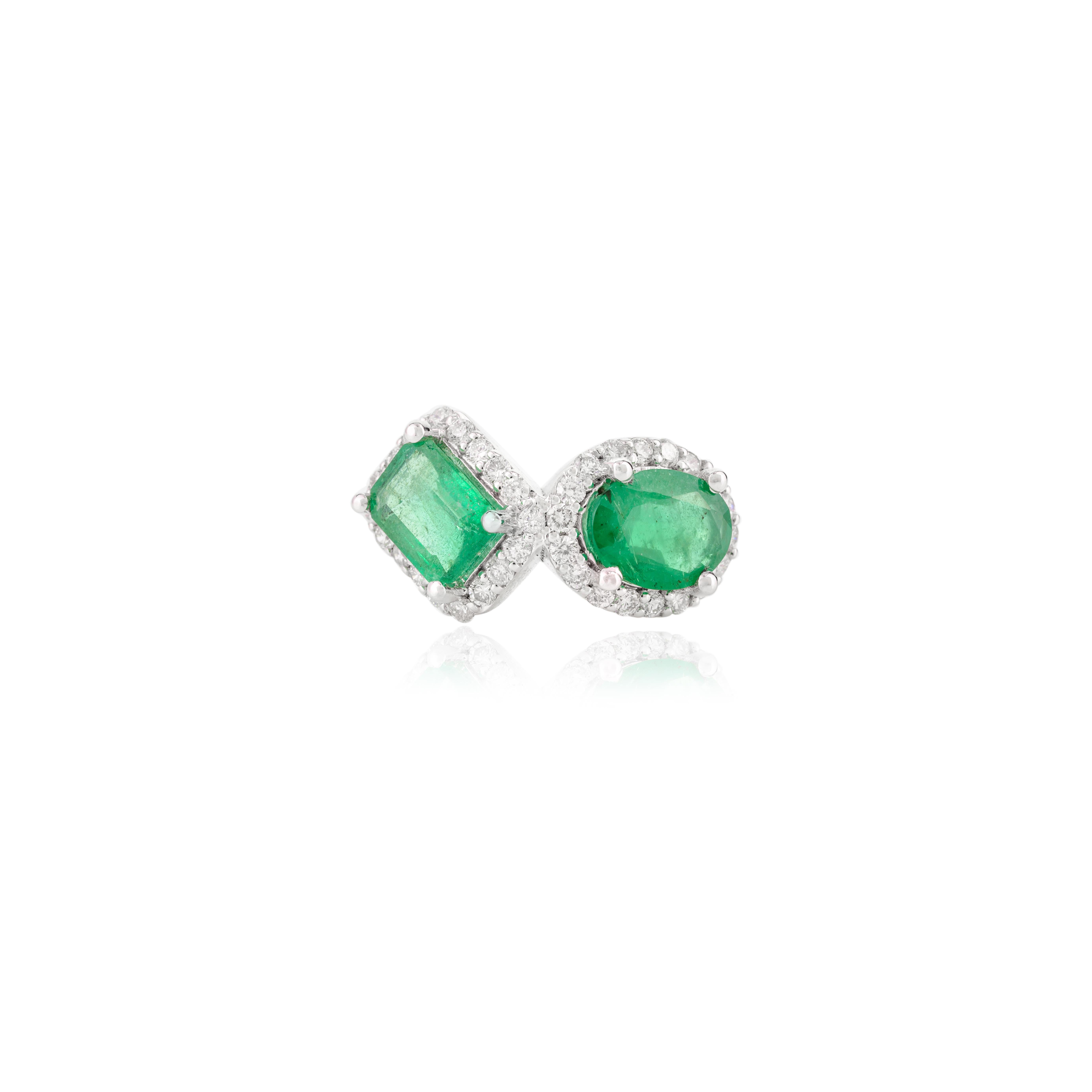 For Sale:  14k Solid White Gold Two Stone Emerald Diamond Engagement Ring in Gift for Her 5