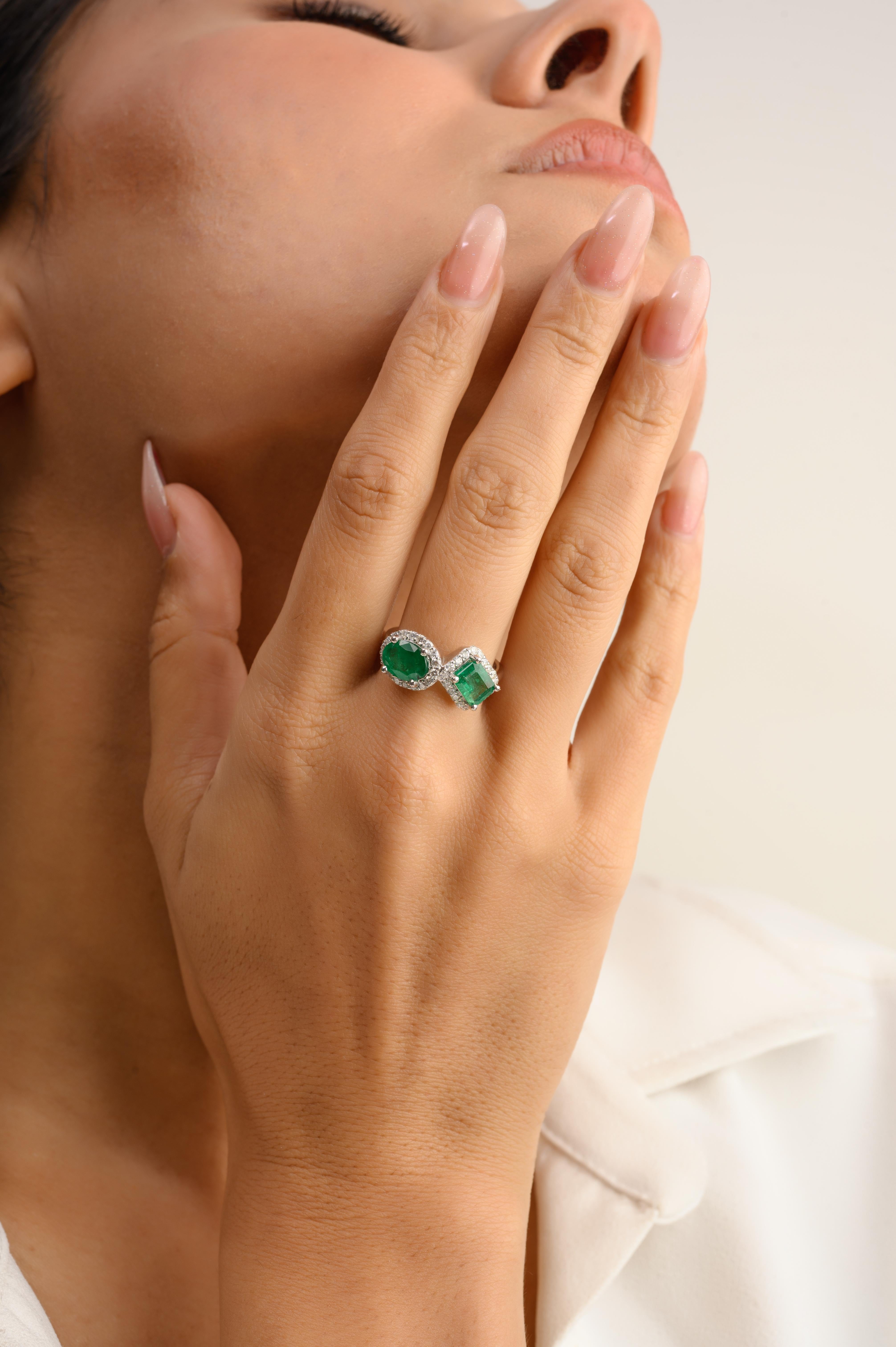 For Sale:  14k Solid White Gold Two Stone Emerald Diamond Engagement Ring in Gift for Her 6