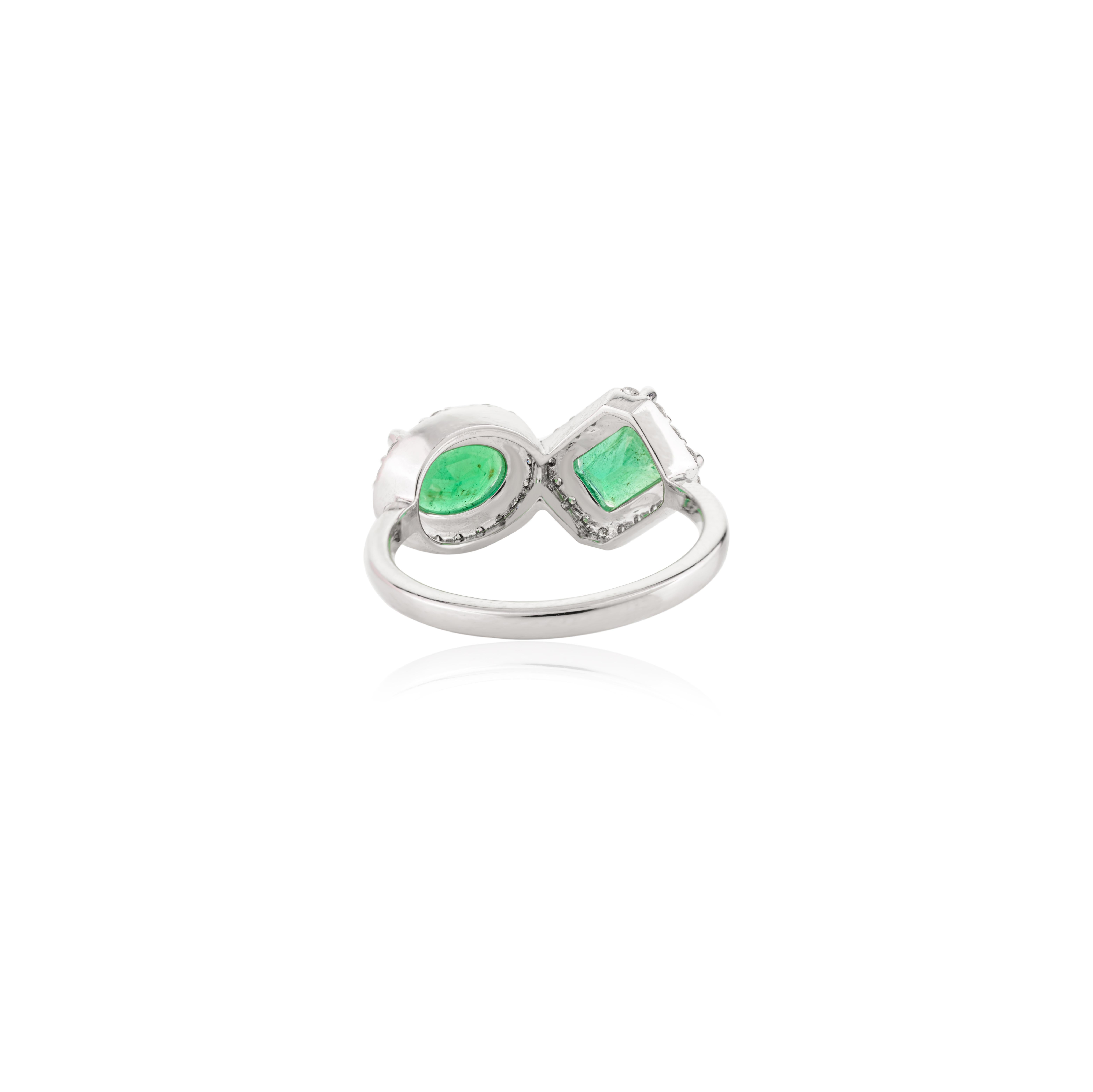 For Sale:  14k Solid White Gold Two Stone Emerald Diamond Engagement Ring in Gift for Her 8
