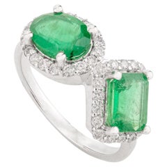 Bague de fiançailles en or blanc massif 14k à deux pierres, émeraude et diamant, cadeau pour elle