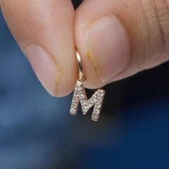 14K Solid Yellow Gold 0.11 Ct Diamond Pavé Block Letter M Initial Charm Pendant