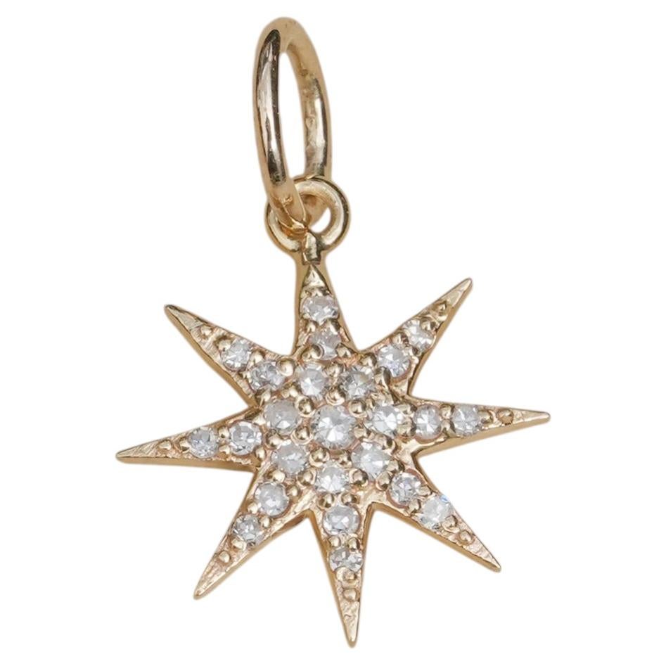 Colgante de oro amarillo macizo de 14 quilates con pavé de diamantes de 0,18 quilates y forma de estrella de ocho puntas