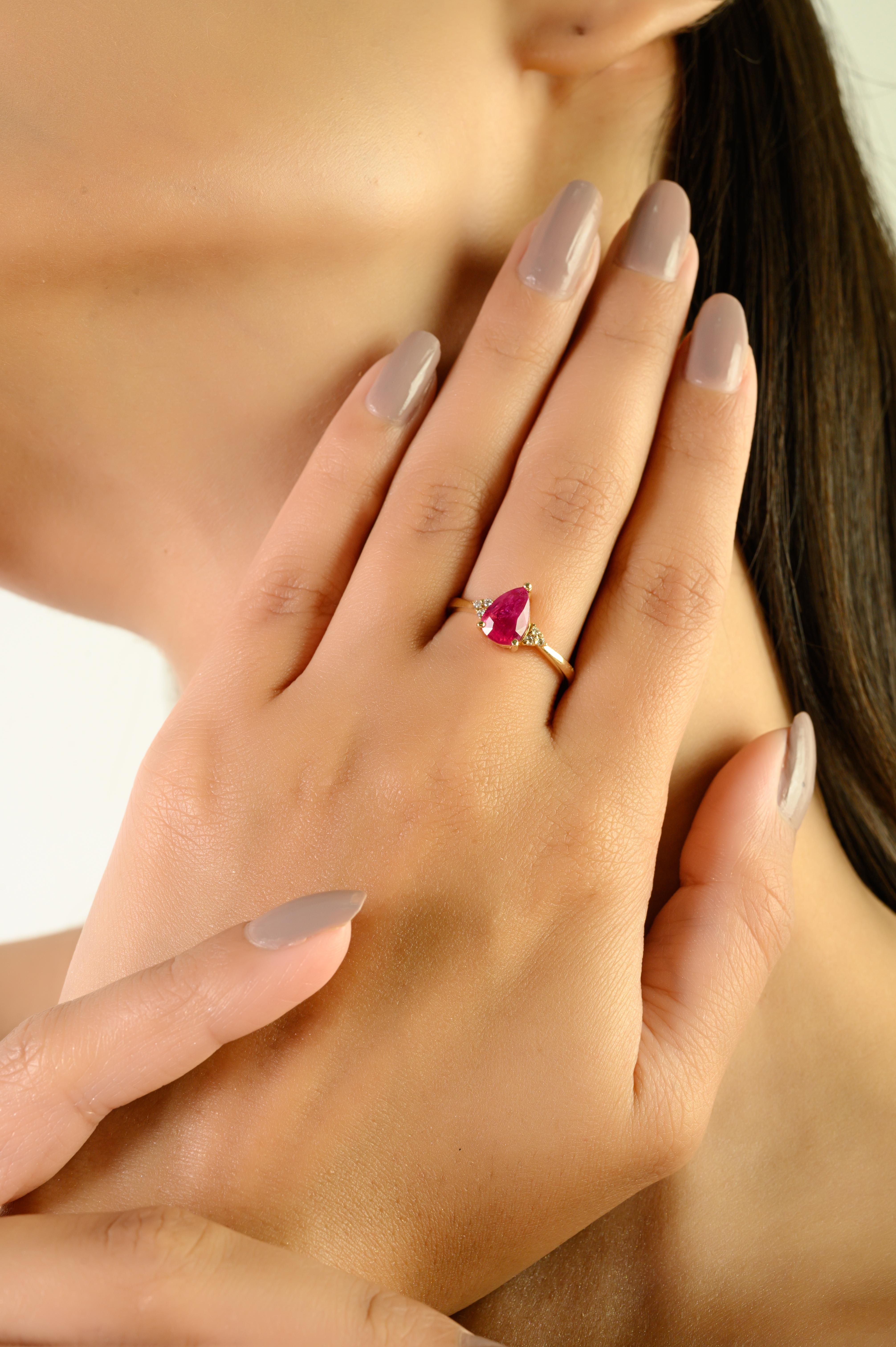 En vente :  Bague de fiançailles en or jaune massif 14K 1.21 ct Rubis naturel taille poire et diamant 2