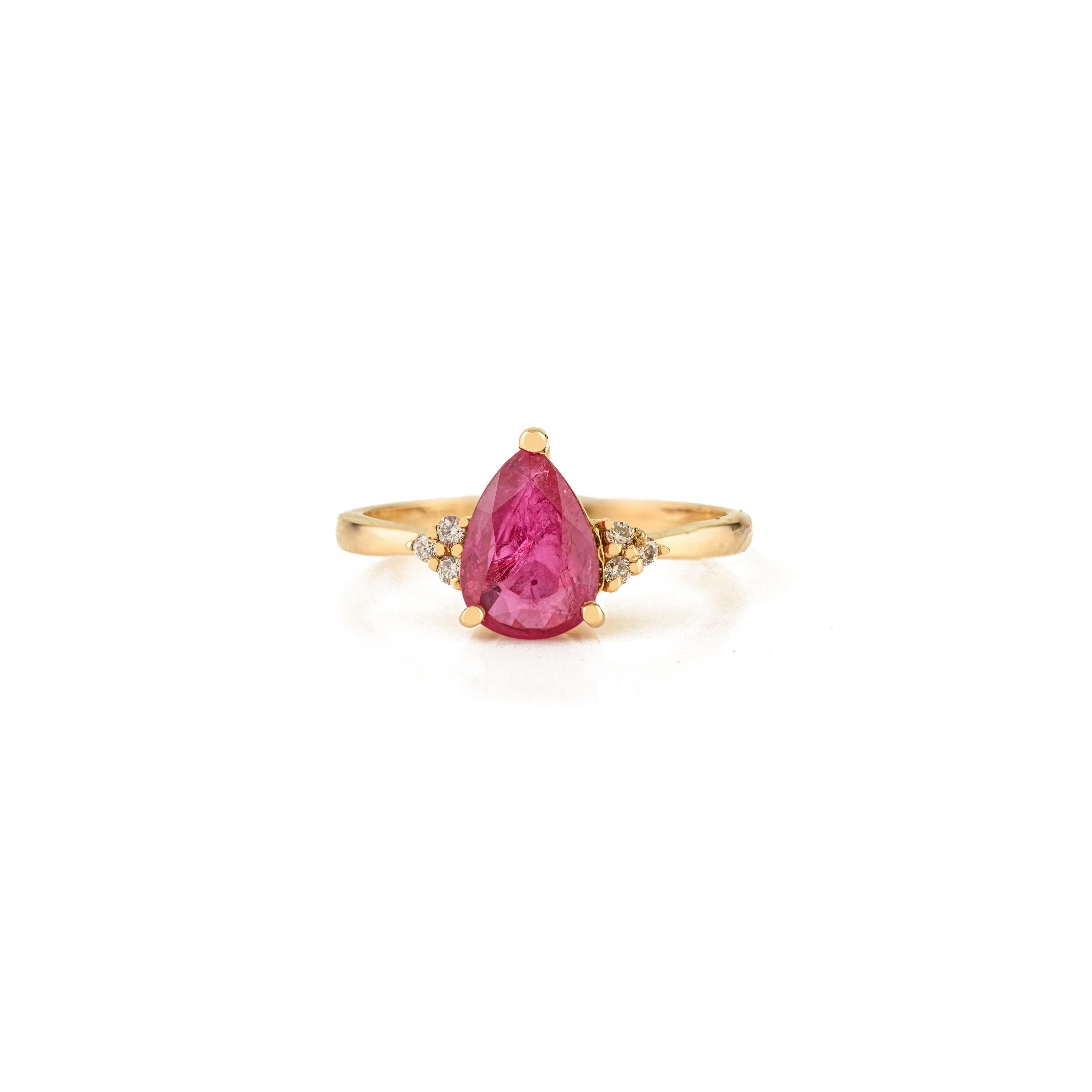 En vente :  Bague de fiançailles en or jaune massif 14K 1.21 ct Rubis naturel taille poire et diamant 3