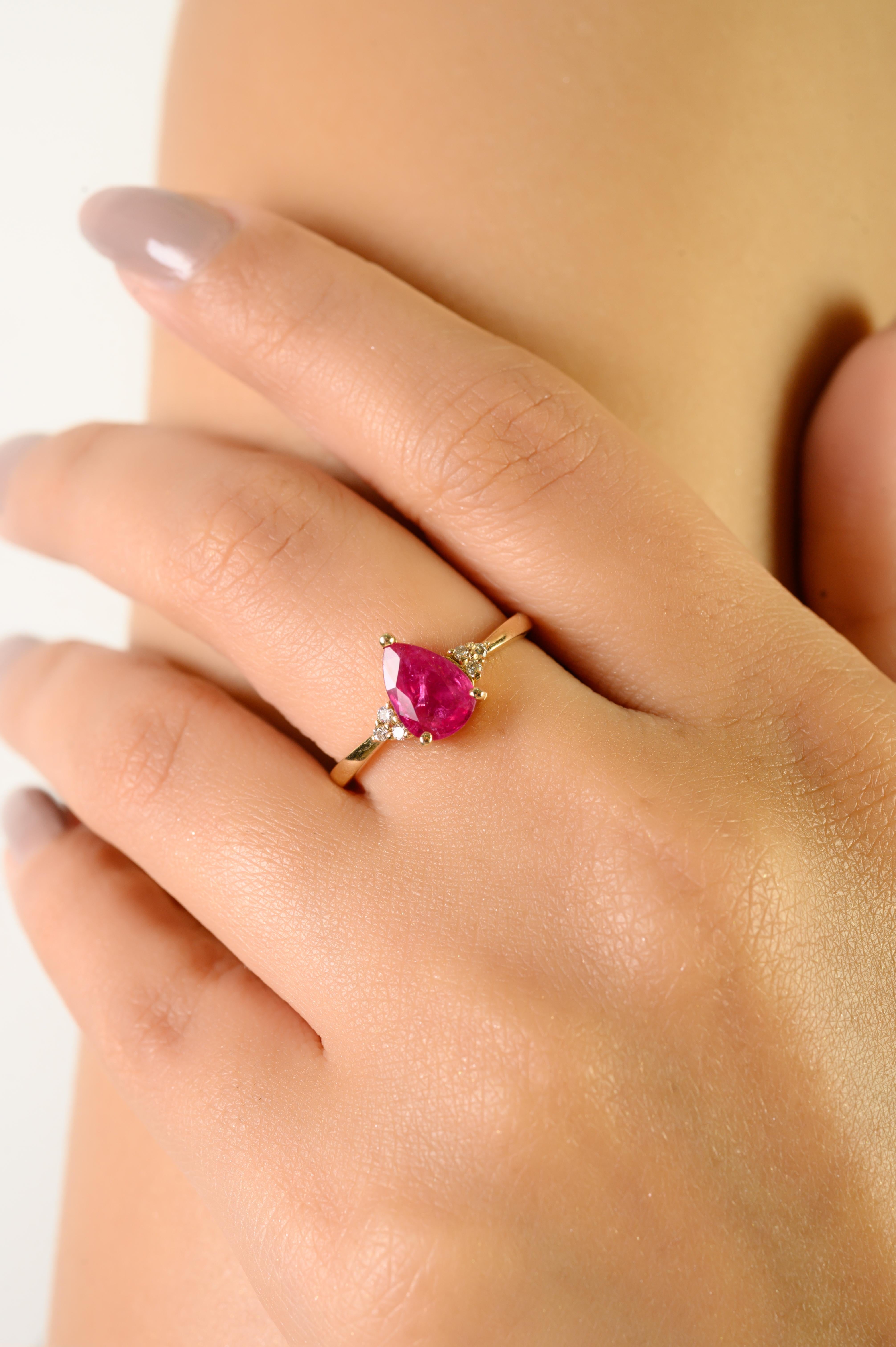 En vente :  Bague de fiançailles en or jaune massif 14K 1.21 ct Rubis naturel taille poire et diamant 4