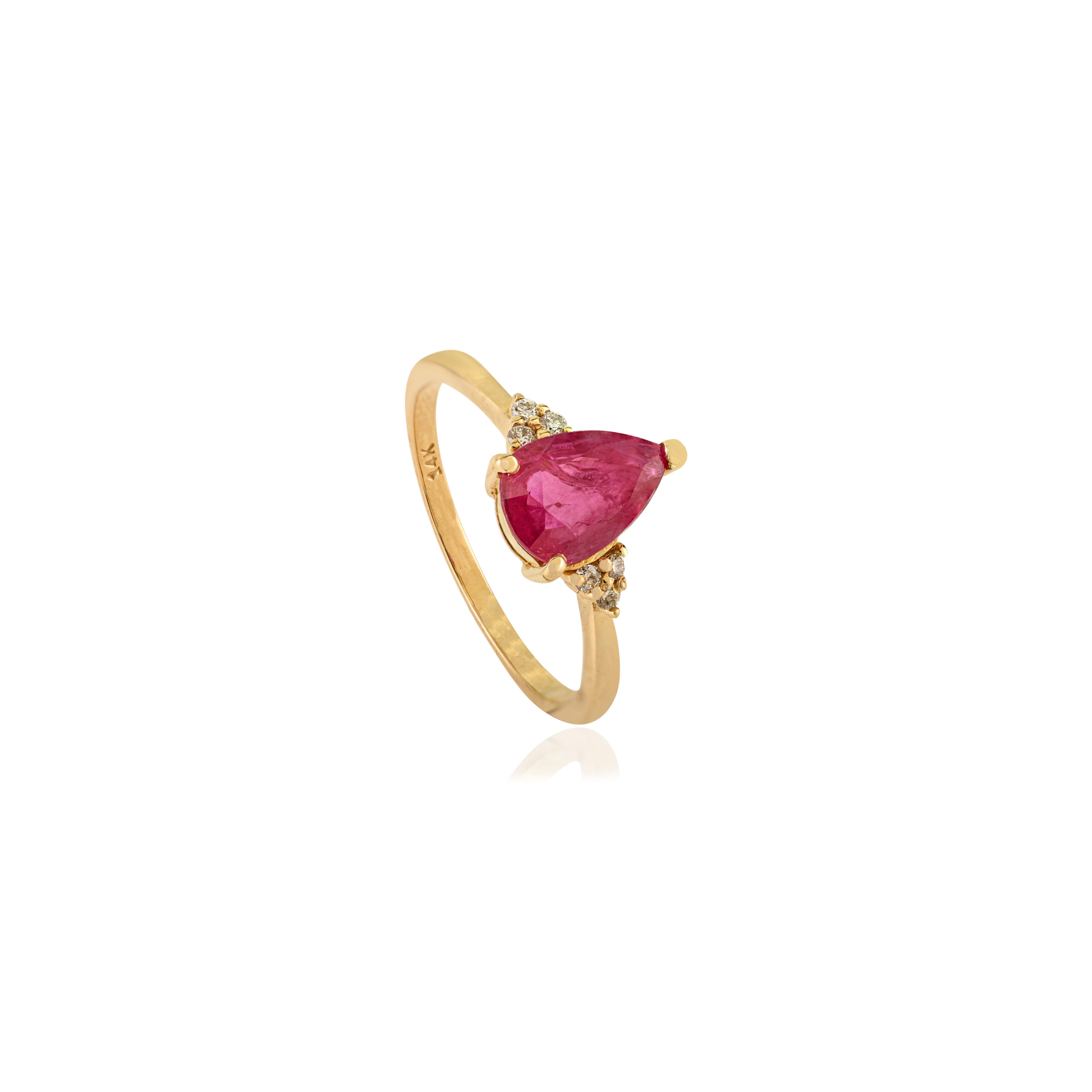 En vente :  Bague de fiançailles en or jaune massif 14K 1.21 ct Rubis naturel taille poire et diamant 5