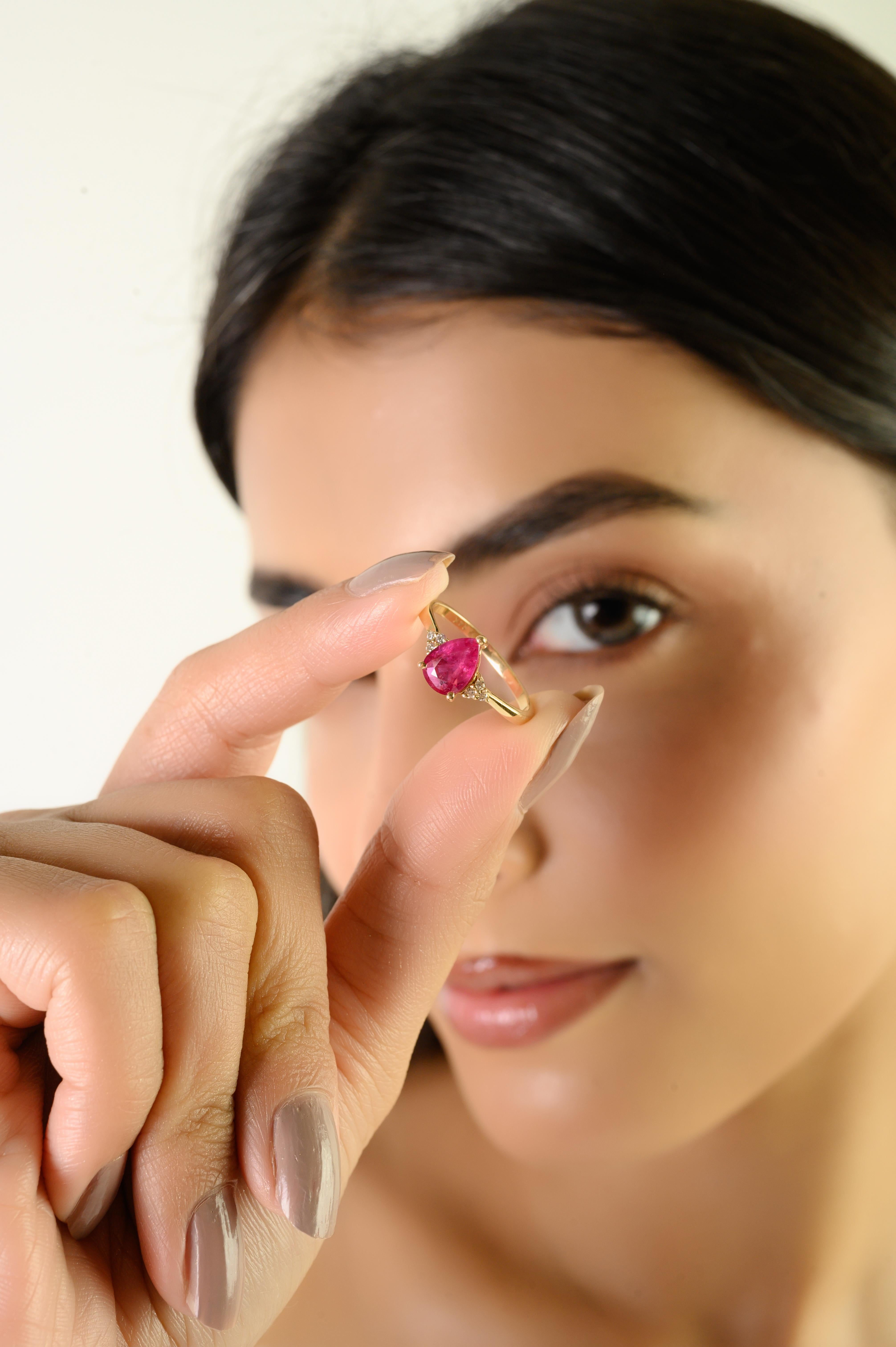 En vente :  Bague de fiançailles en or jaune massif 14K 1.21 ct Rubis naturel taille poire et diamant 6