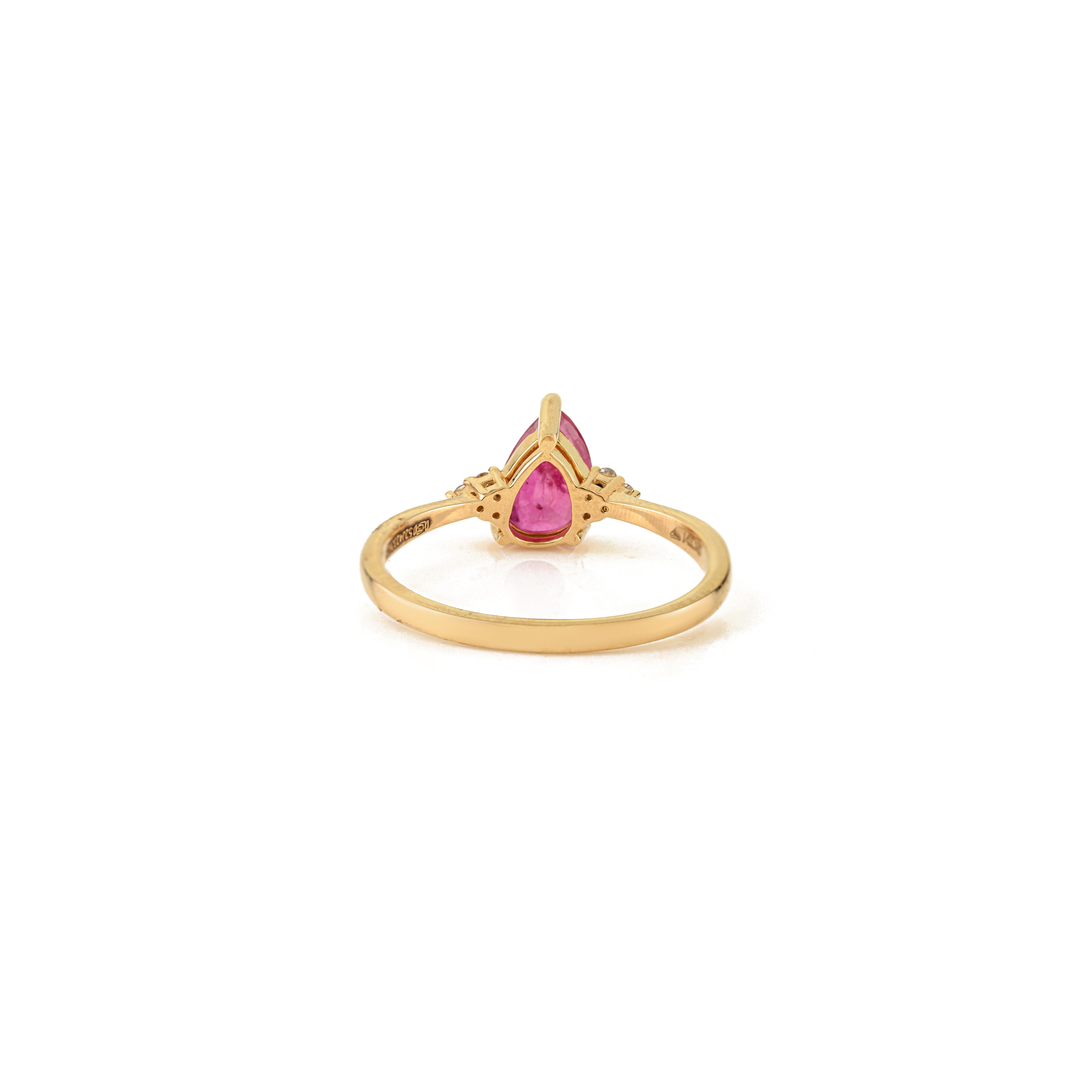 En vente :  Bague de fiançailles en or jaune massif 14K 1.21 ct Rubis naturel taille poire et diamant 7
