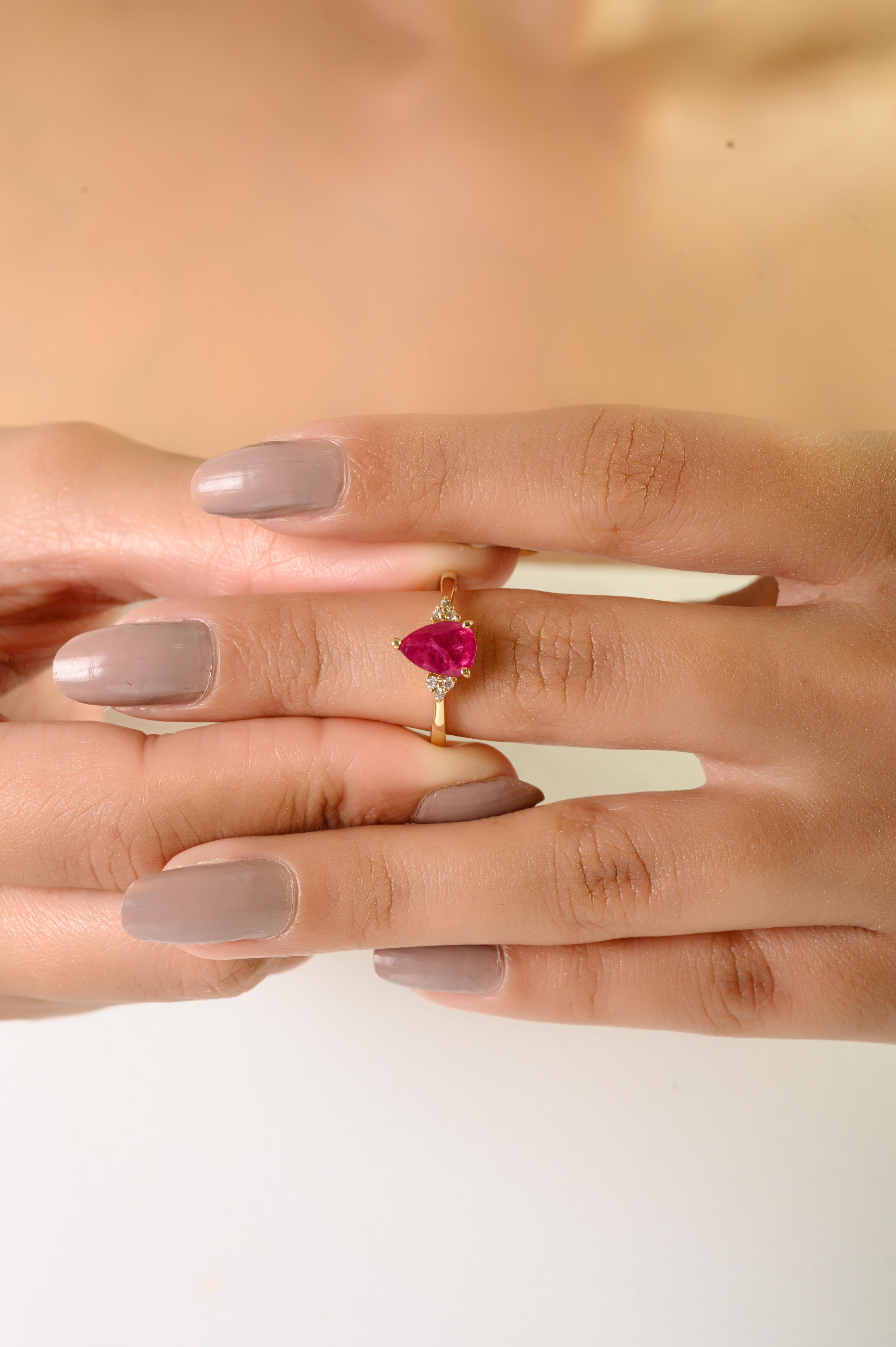 En vente :  Bague de fiançailles en or jaune massif 14K 1.21 ct Rubis naturel taille poire et diamant 8