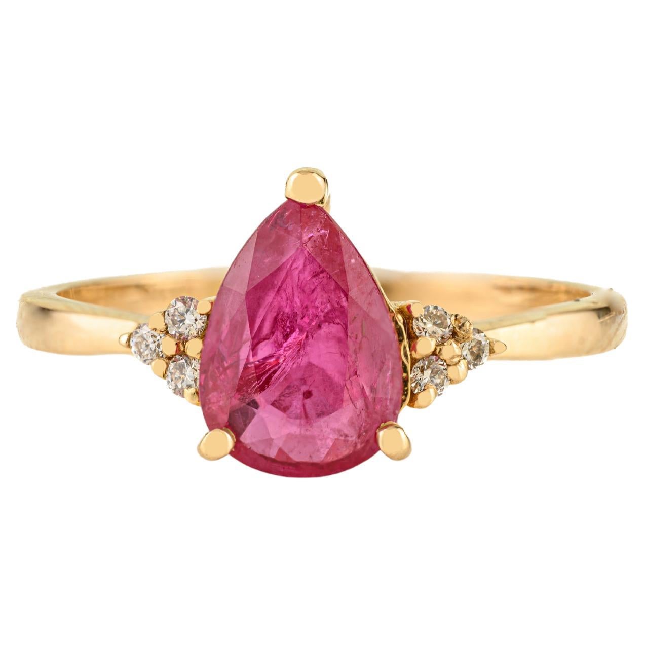 Bague de fiançailles en or jaune massif 14K 1.21 ct Rubis naturel taille poire et diamant