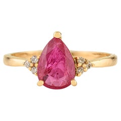 14K Solid Yellow Gold 1.21 Ct Pear-Cut Natural Ruby & Diamond Engagement Ring