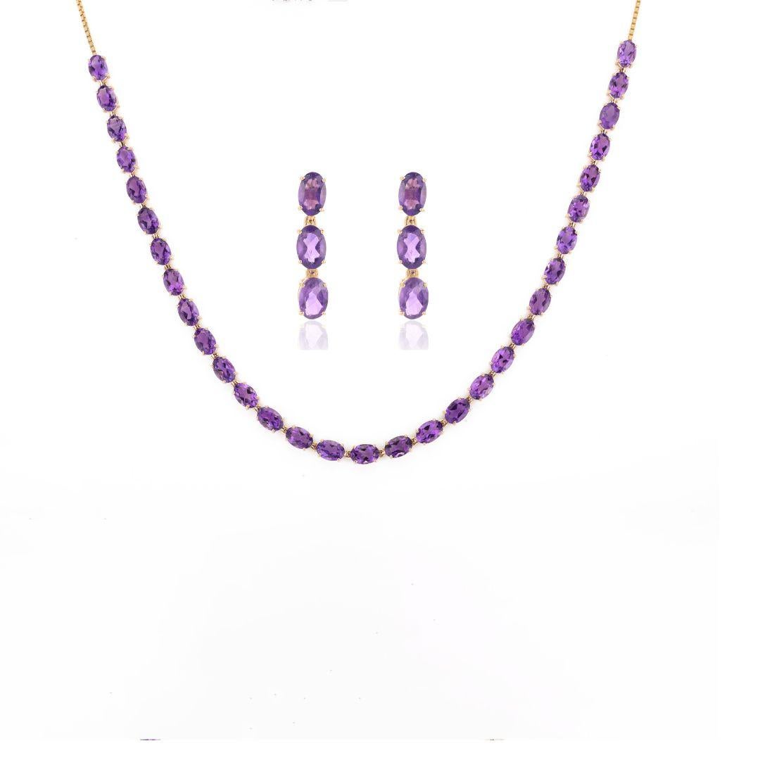 14k Solid Yellow Gold 15.15ct Amethyst Earrings and Necklace Jewelry Set For Sale 5