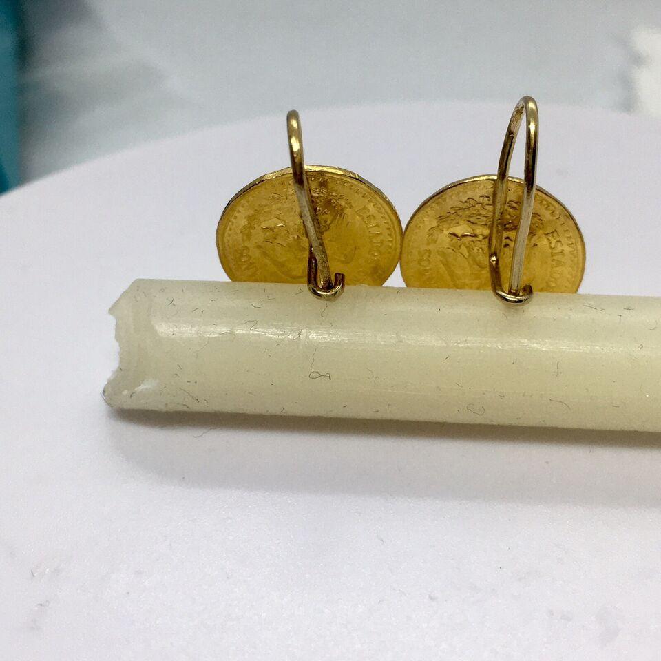 Retro 14K Solid Yellow Gold 22K 2.5 Pesos Gold Coin 1.25 Inch Dangling Wire Earrings For Sale