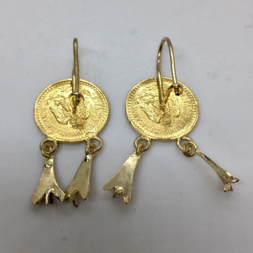 Women's 14K Solid Yellow Gold 22K 2.5 Pesos Gold Coin 1.25 Inch Dangling Wire Earrings For Sale