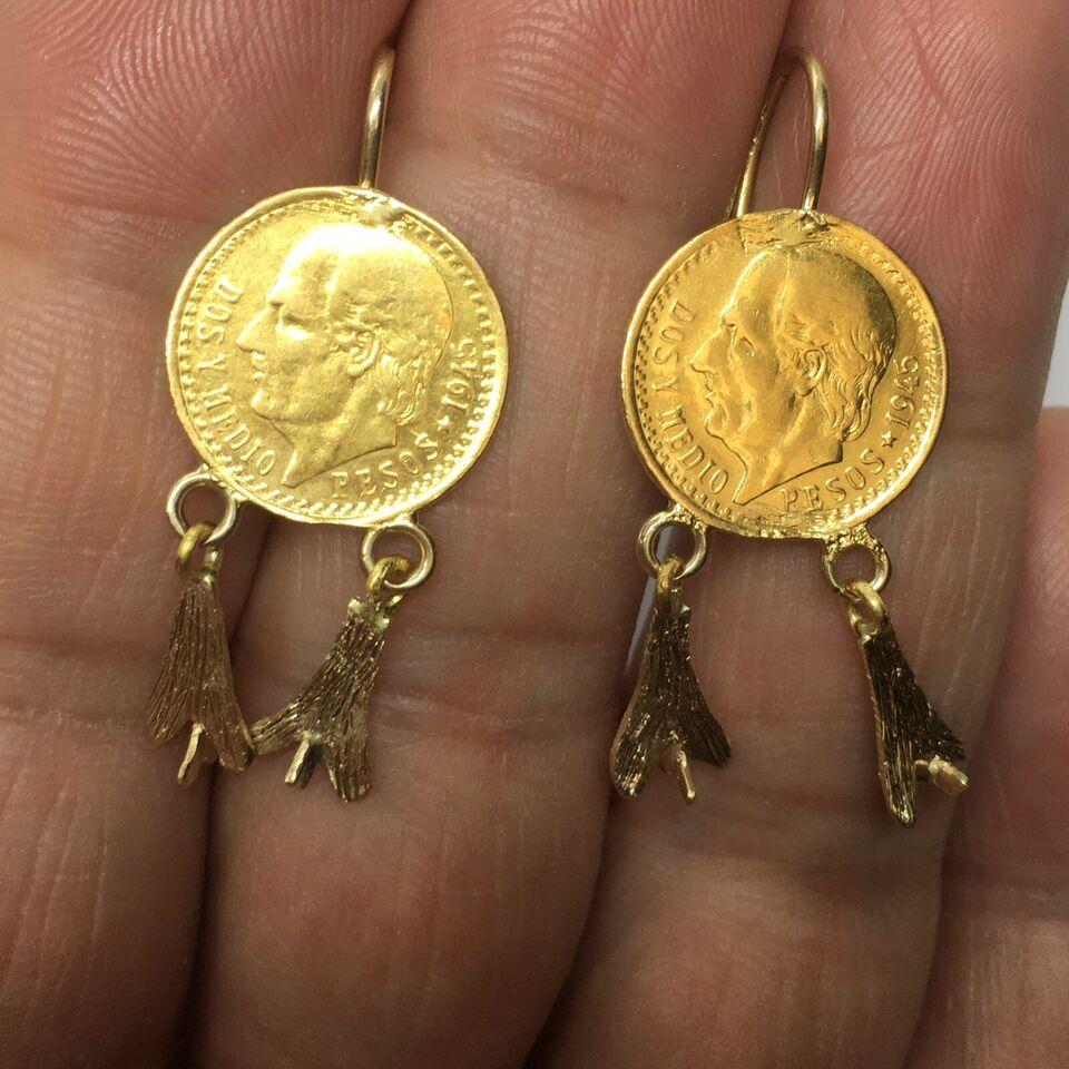 14K Solid Yellow Gold 22K 2.5 Pesos Gold Coin 1.25 Inch Dangling Wire Earrings For Sale 1