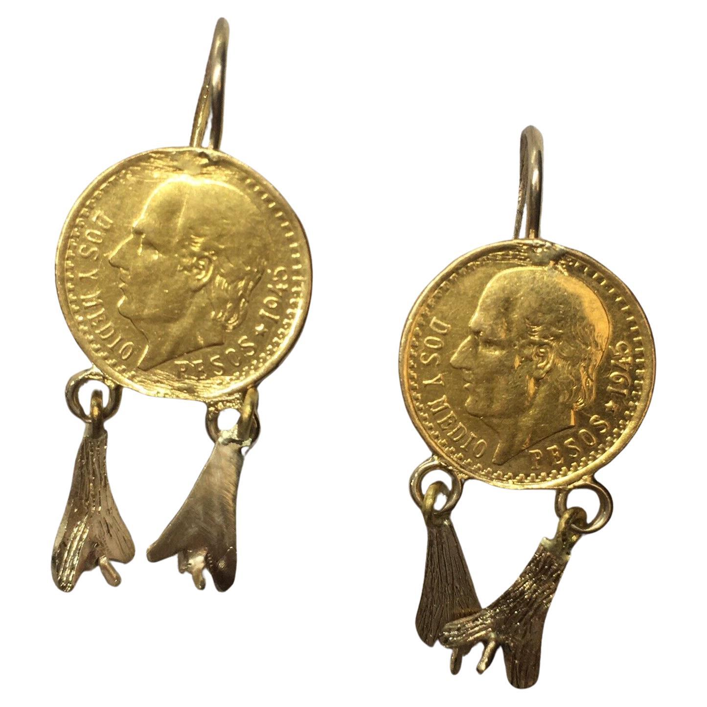 14K Solid Yellow Gold 22K 2.5 Pesos Gold Coin 1.25 Inch Dangling Wire Earrings