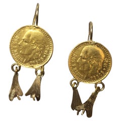 14K Solid Yellow Gold 22K 2.5 Pesos Gold Coin 1.25 Inch Dangling Wire Earrings