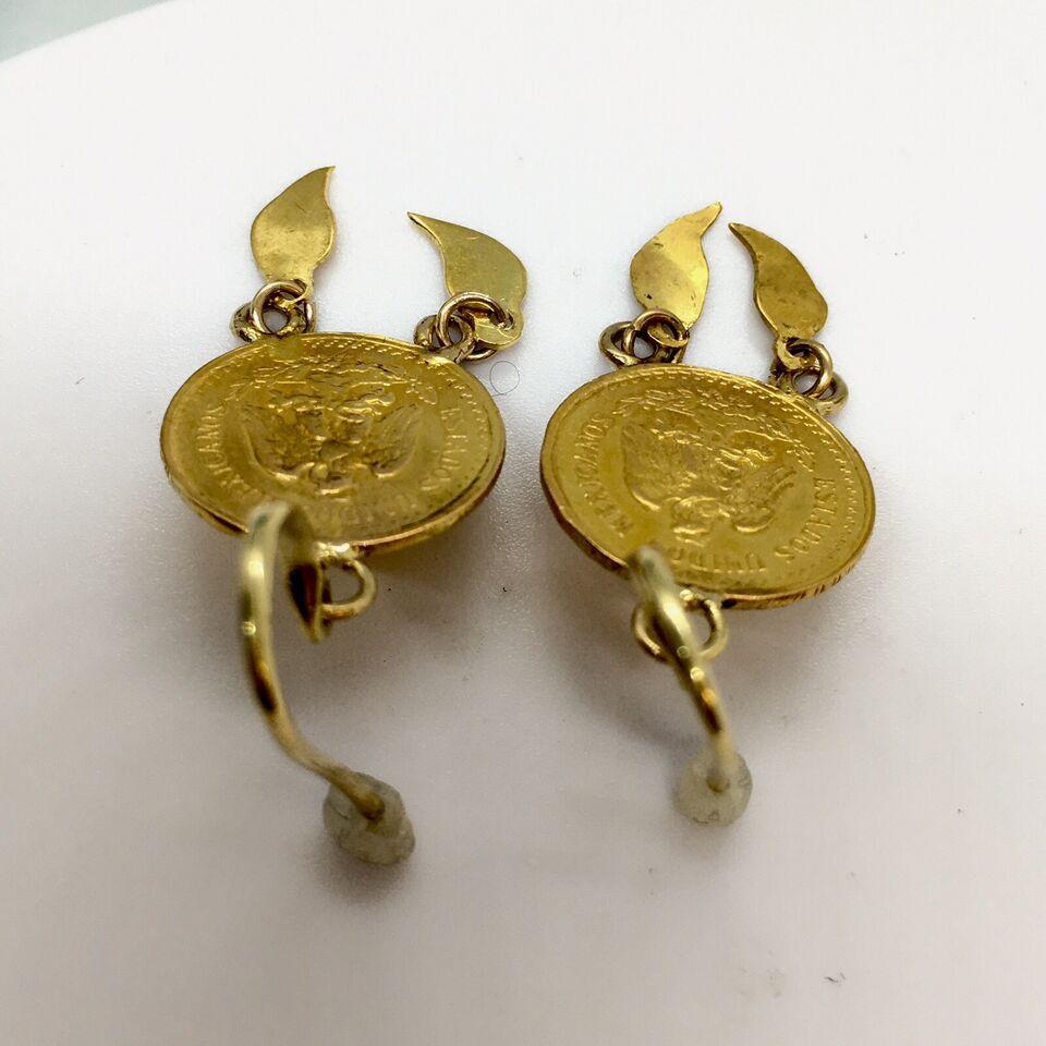 Retro 14K Solid Yellow Gold 22K 2.5 Pesos Gold Coin 1.5 Inch Dangling Wire Earrings For Sale