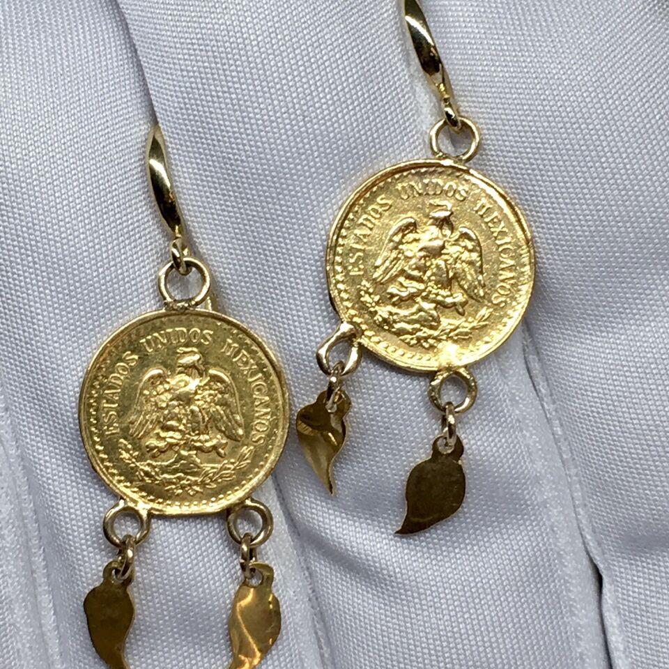 Women's 14K Solid Yellow Gold 22K 2.5 Pesos Gold Coin 1.5 Inch Dangling Wire Earrings For Sale