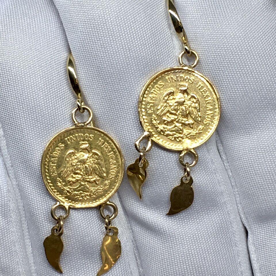 14K Solid Yellow Gold 22K 2.5 Pesos Gold Coin 1.5 Inch Dangling Wire Earrings For Sale 1