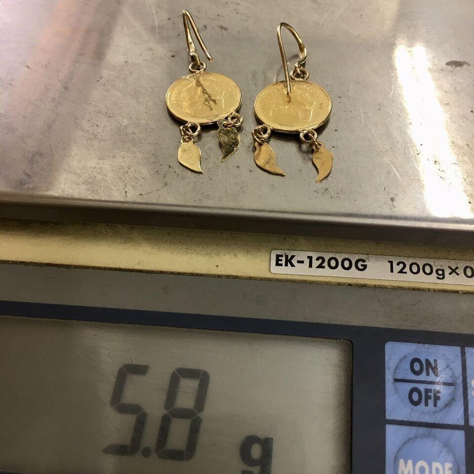 14K Solid Yellow Gold 22K 2.5 Pesos Gold Coin 1.5 Inch Dangling Wire Earrings For Sale 2