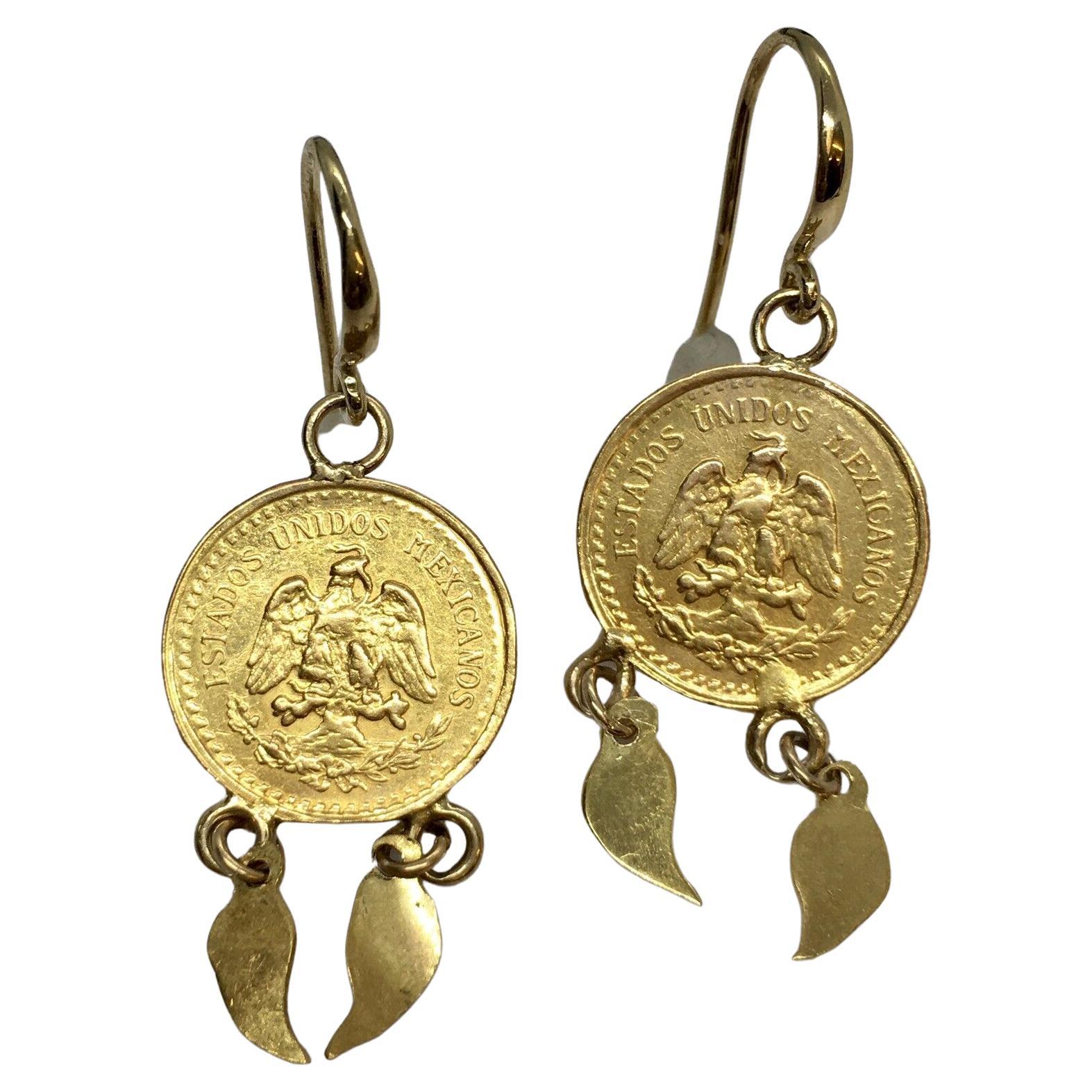 14K Solid Yellow Gold 22K 2.5 Pesos Gold Coin 1.5 Inch Dangling Wire Earrings