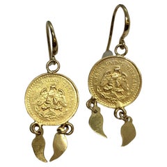 Vintage 14K Solid Yellow Gold 22K 2.5 Pesos Gold Coin 1.5 Inch Dangling Wire Earrings