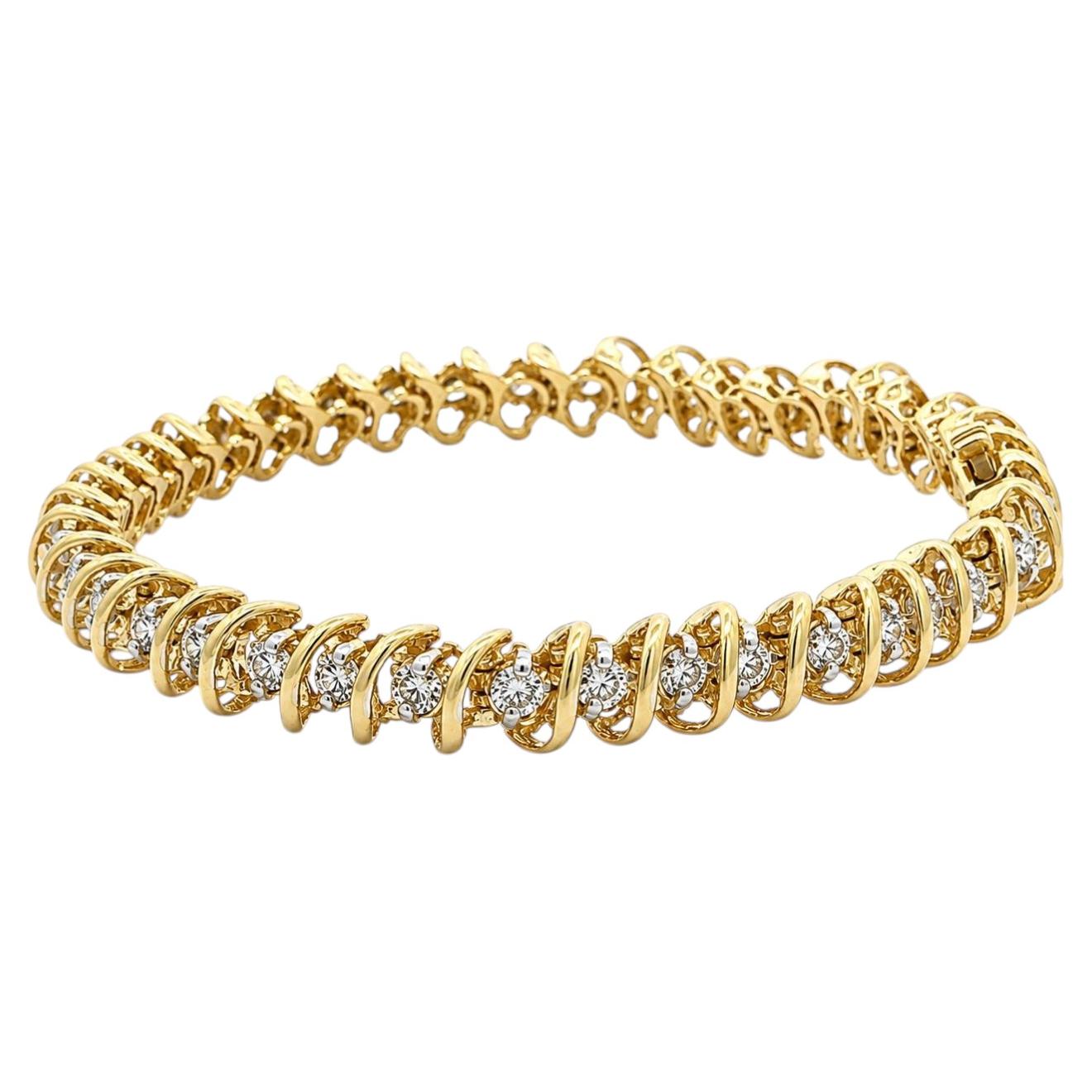 Bracelet tennis à maillons en S pivotants, en or jaune massif 14 carats, serti de diamants pour un total de 2,60 carats