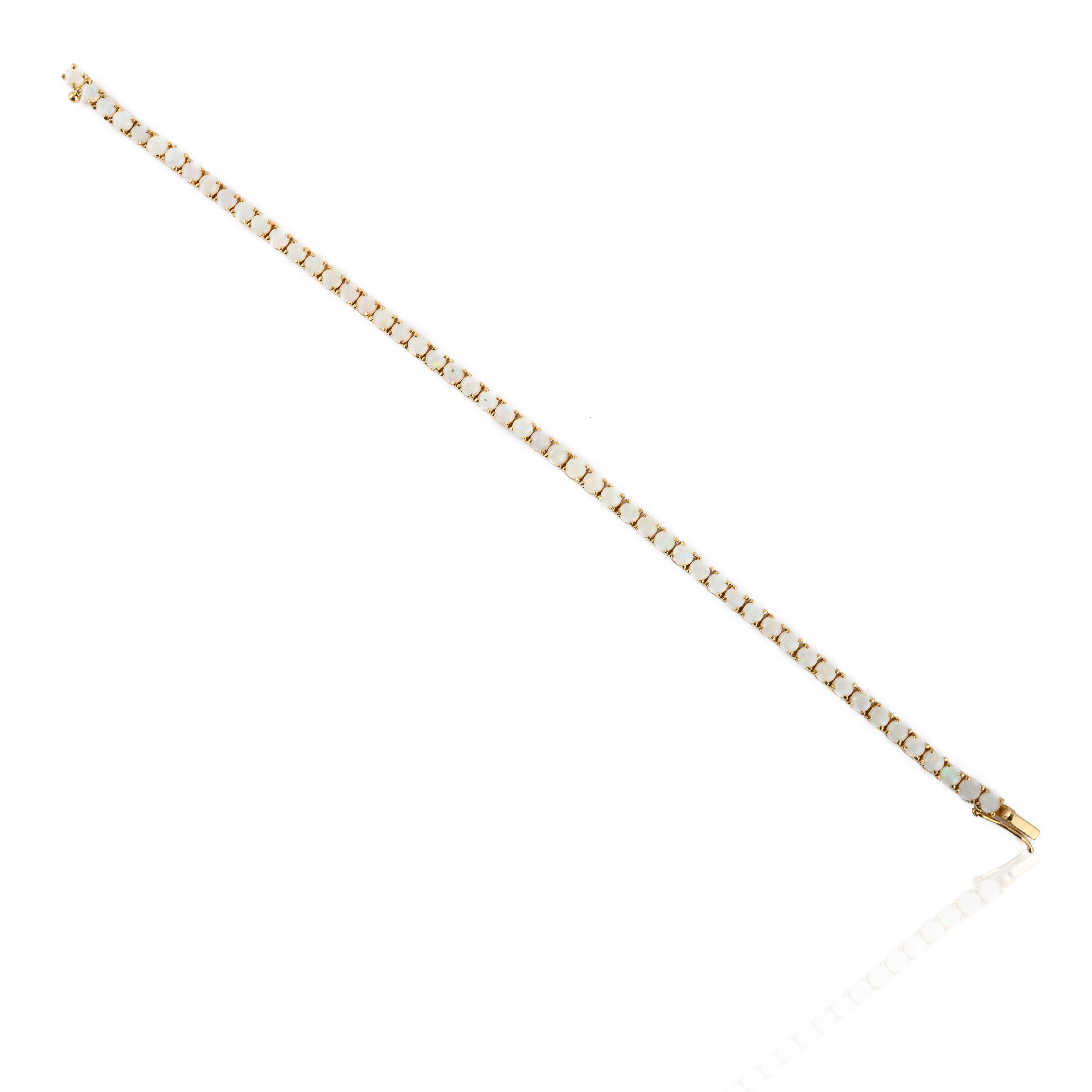 Contemporary 14k Solid Yellow Gold 4.1 Carat Opal Tennis Bracelet For Sale