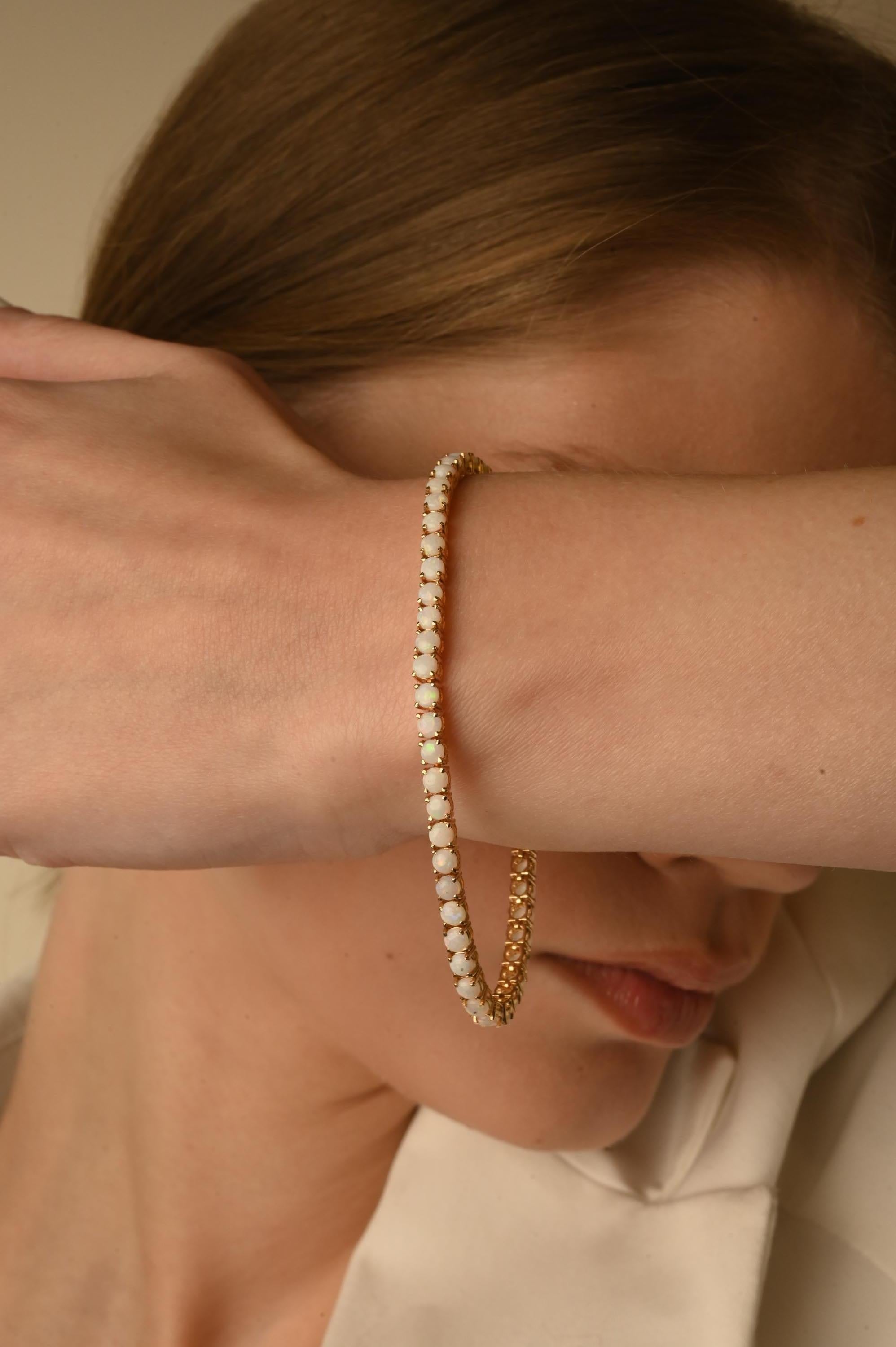Round Cut 14k Solid Yellow Gold 4.1 Carat Opal Tennis Bracelet For Sale