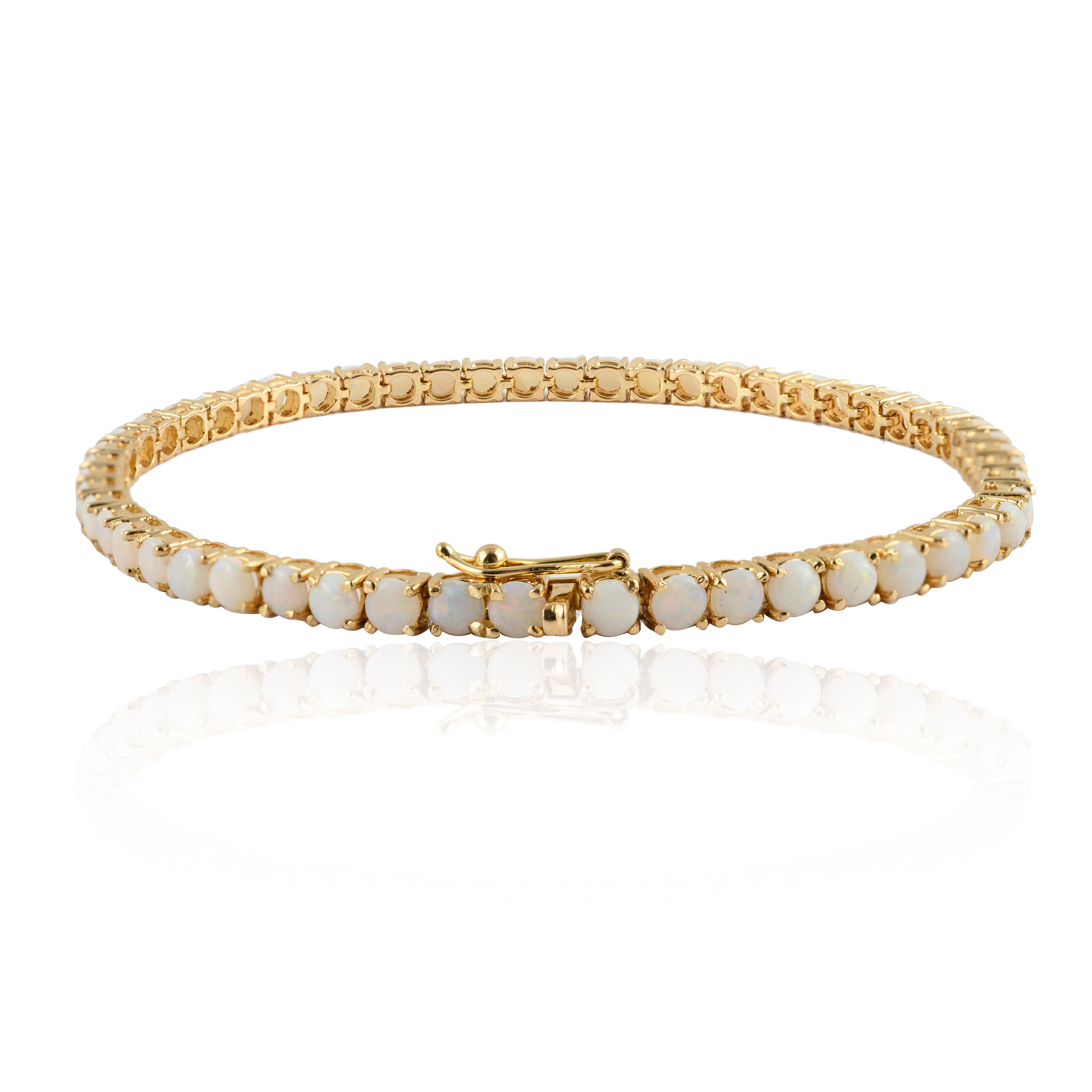 14k Solid Yellow Gold 4.1 Carat Opal Tennis Bracelet In New Condition For Sale In New York, NY