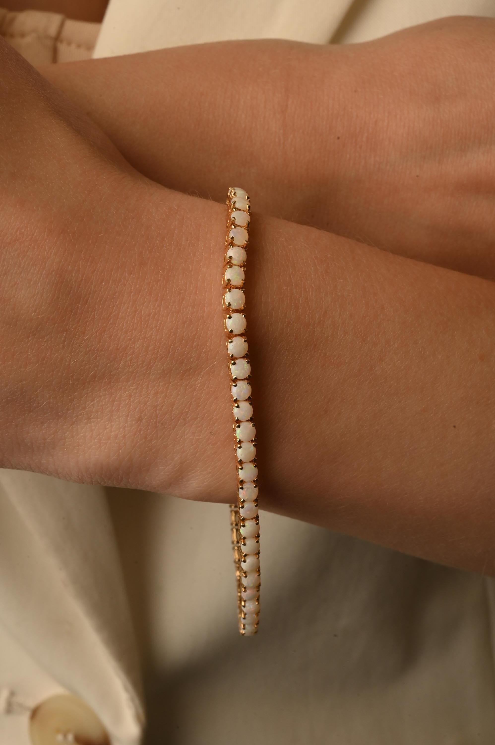 Women's 14k Solid Yellow Gold 4.1 Carat Opal Tennis Bracelet For Sale