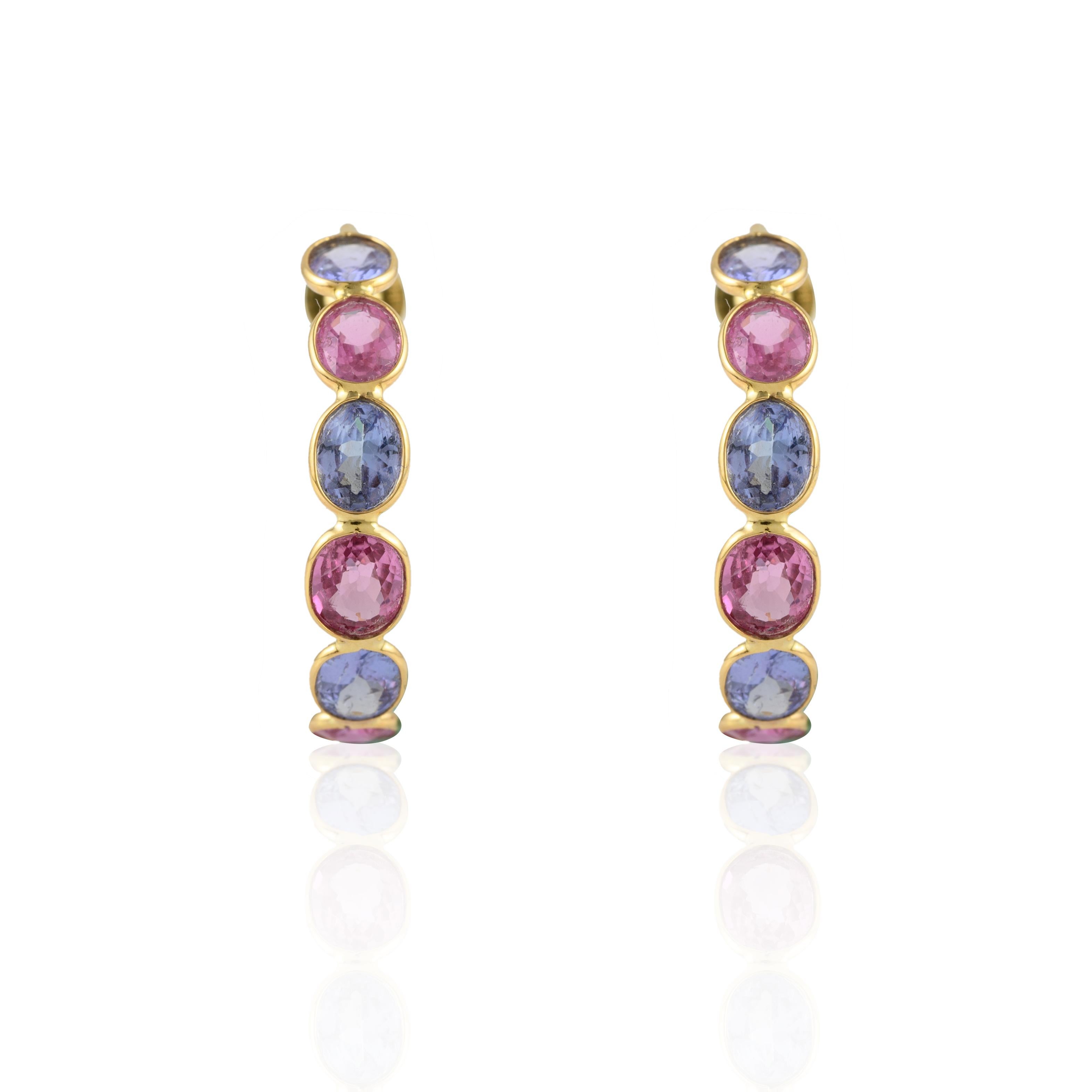 Multi Sapphire Hoop Earrings in 14K Gold to make a statement with your look. You shall need open hoop earrings to make a statement with your look. These earrings create a sparkling, luxurious look featuring oval cut gemstone.
Sapphire stimulates