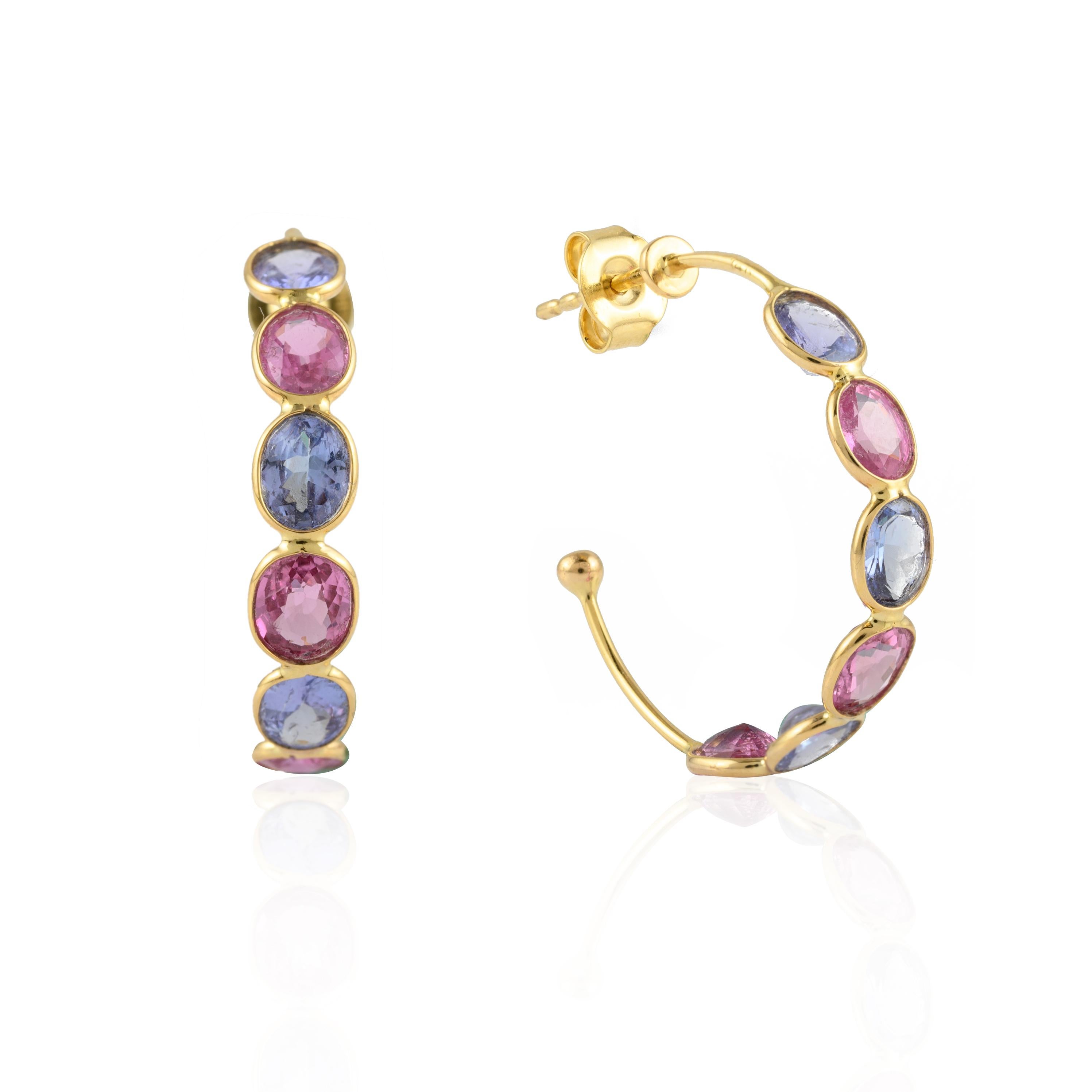 Oval Cut 14k Solid Yellow Gold 4.32 Carat Multi Sapphire Hoop Earrings Gift for Her For Sale