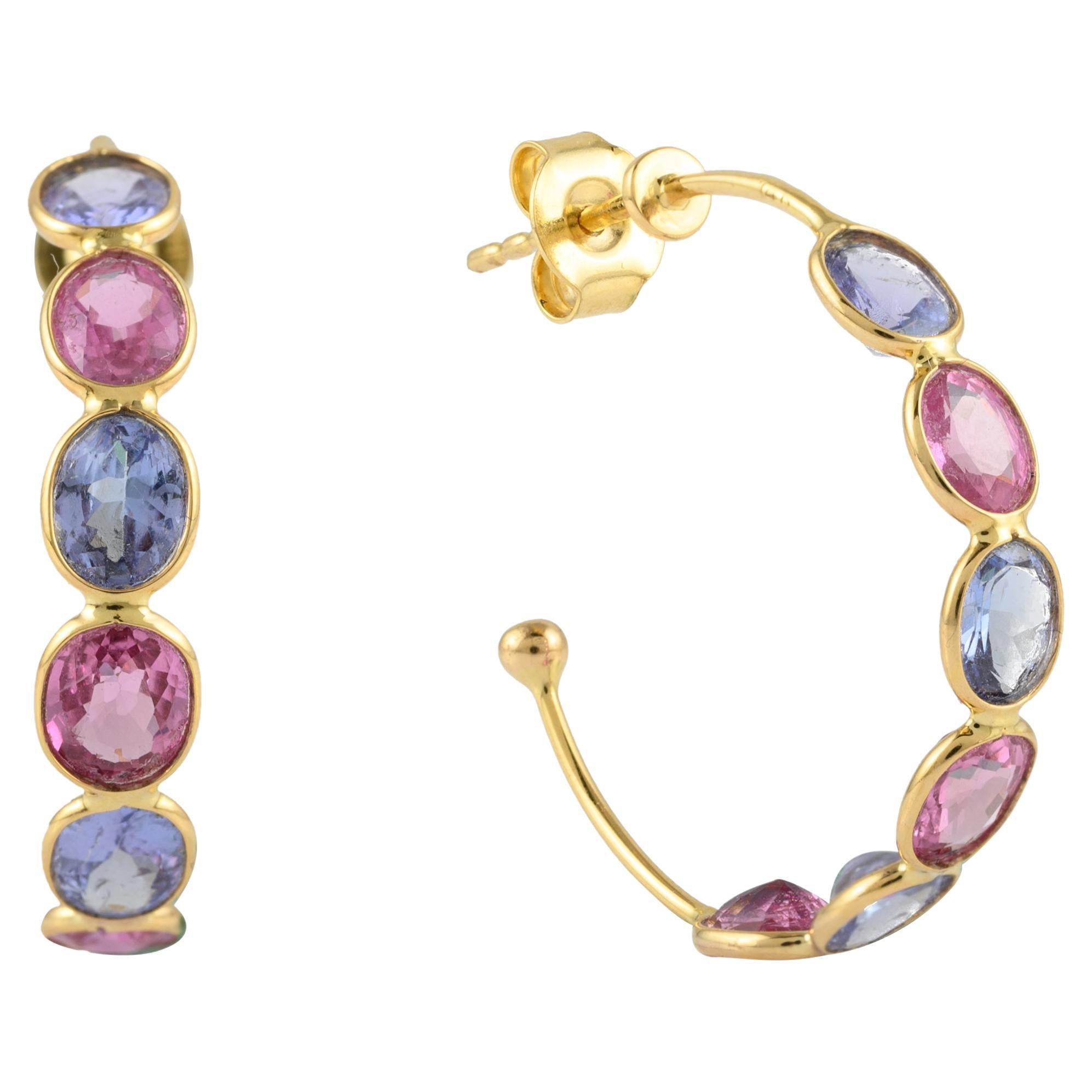 14k Solid Yellow Gold 4.32 Carat Multi Sapphire Hoop Earrings Gift for Her For Sale