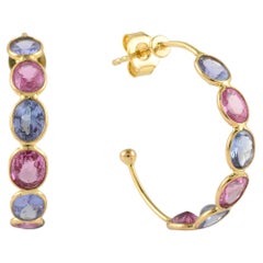 14k Solid Yellow Gold 4.32 Carat Multi Sapphire Hoop Earrings Gift for Her