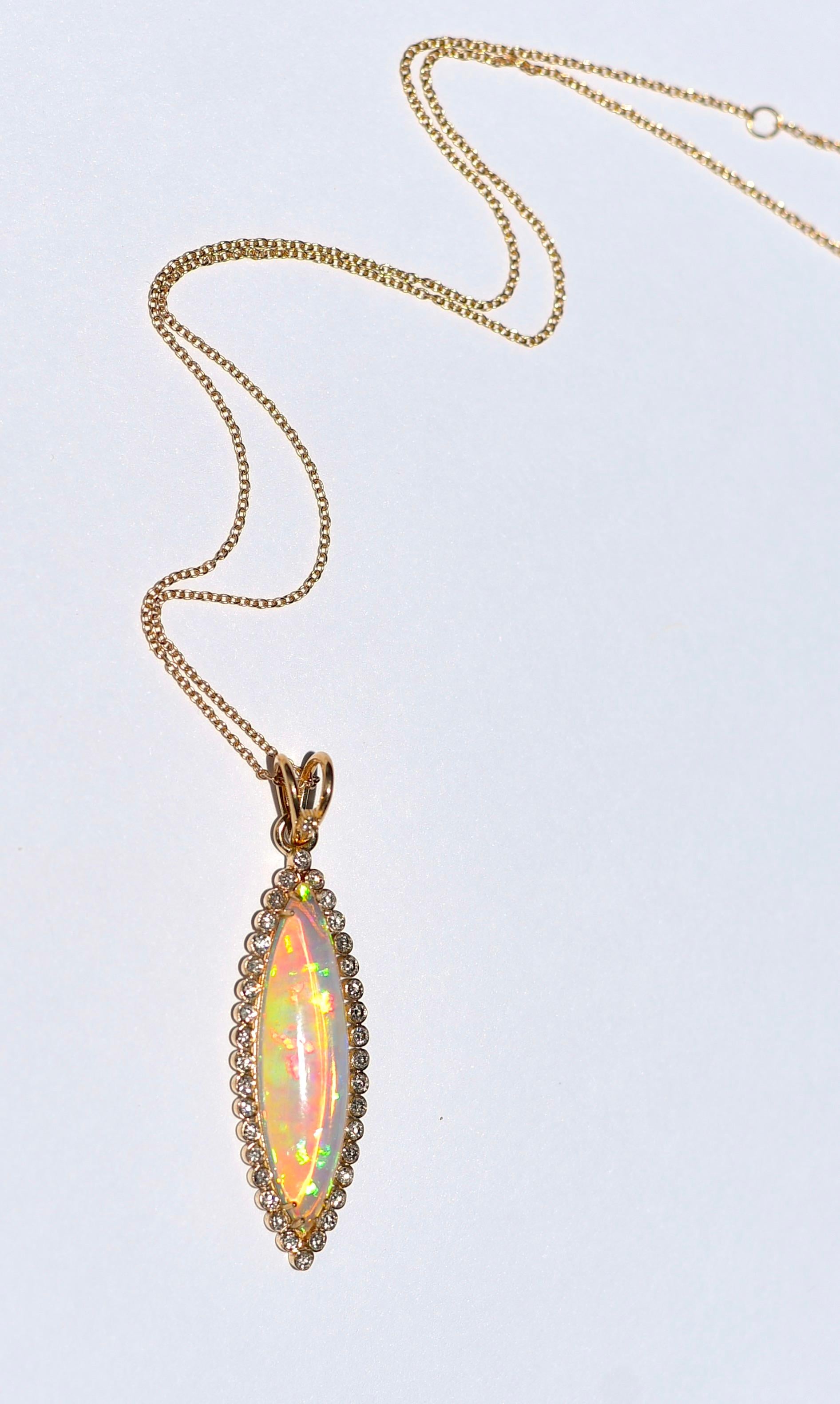 Women's 14k Solid Yellow Gold 4.67CT Marquise Shape Natural Opal 0.64CT Diamond Necklace