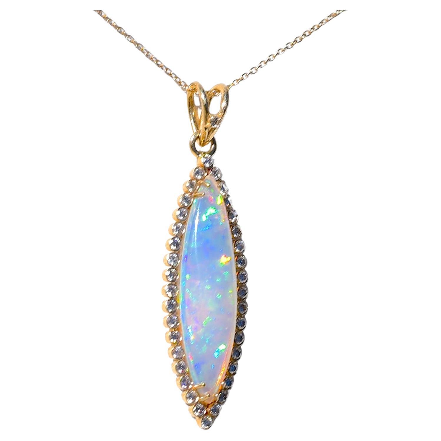 14k Solid Yellow Gold 4.67CT Marquise Shape Natural Opal 0.64CT Diamond Necklace
