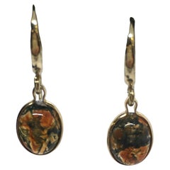 14K Solid Yellow Gold Oval Brown Moss Agate Dangling Wire Earrings