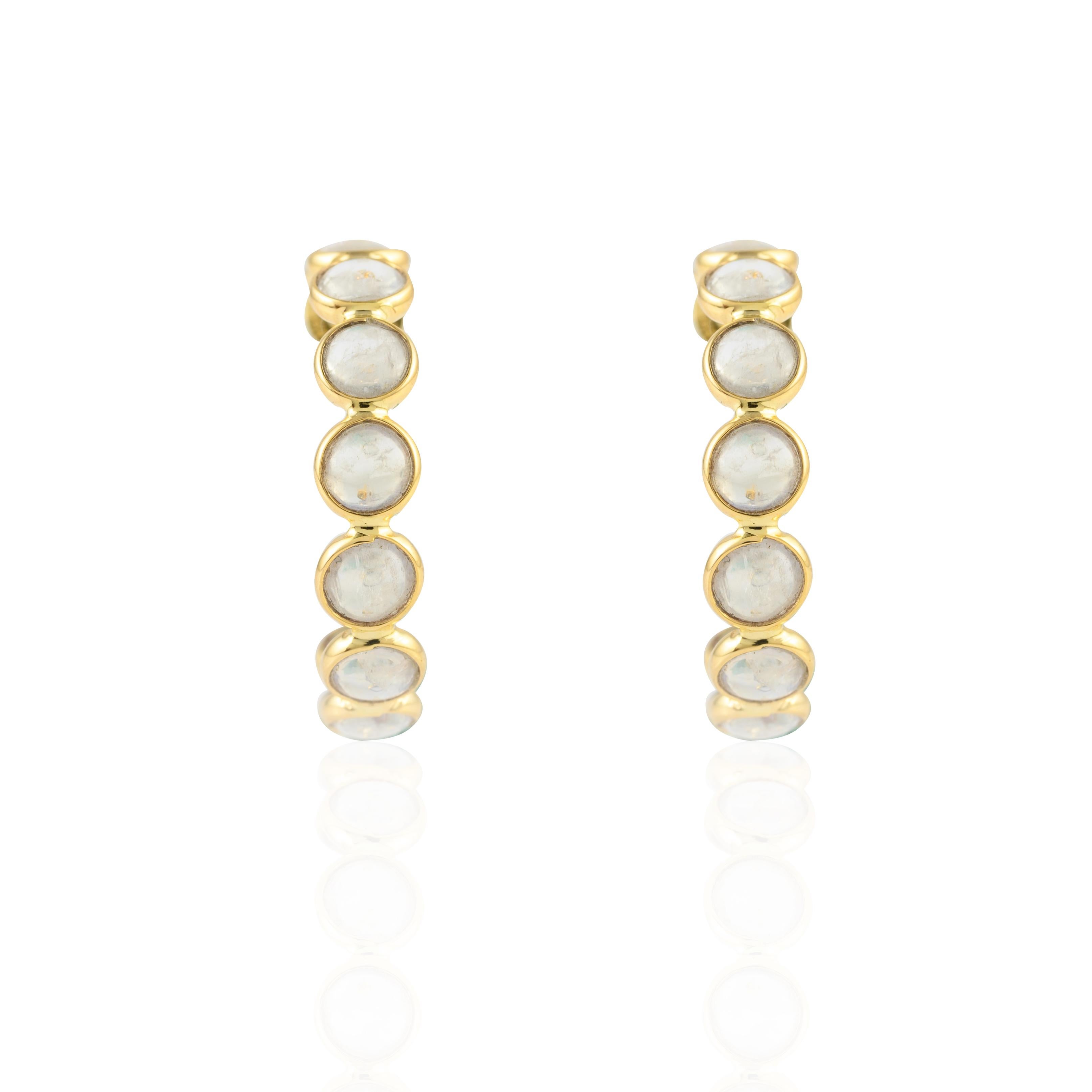 Modern 14k Solid Yellow Gold 6.62 Carat Cabochon Rainbow Moonstone Hoop Earrings For Sale