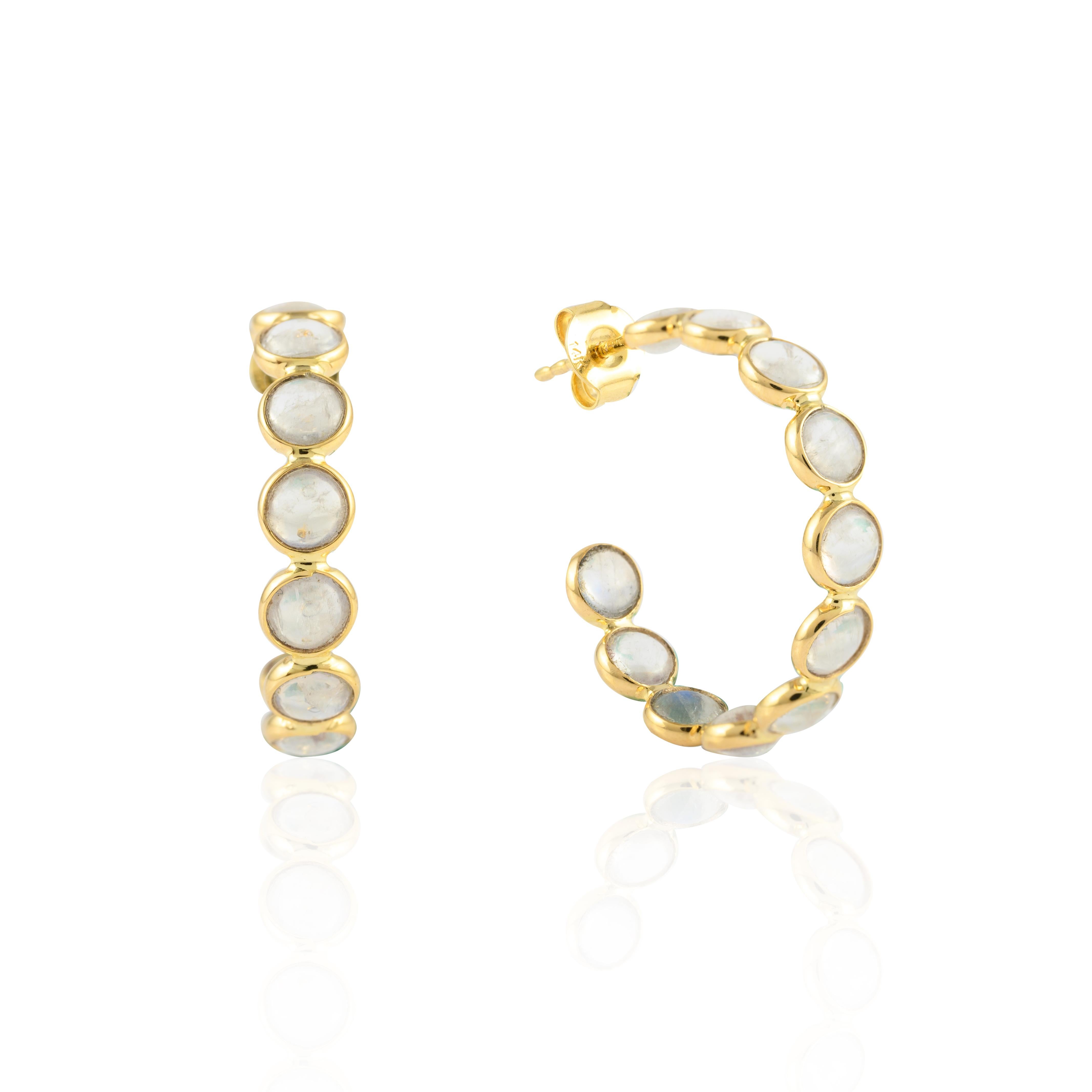 Women's 14k Solid Yellow Gold 6.62 Carat Cabochon Rainbow Moonstone Hoop Earrings For Sale