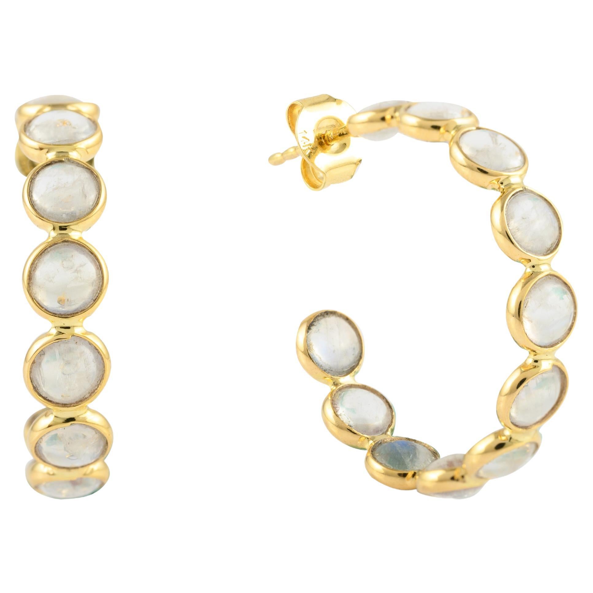 14k Solid Yellow Gold 6.62 Carat Cabochon Rainbow Moonstone Hoop Earrings For Sale
