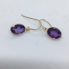 14K Solid Yellow Gold Oval Cut Amethyst Dangling Wire Earrings