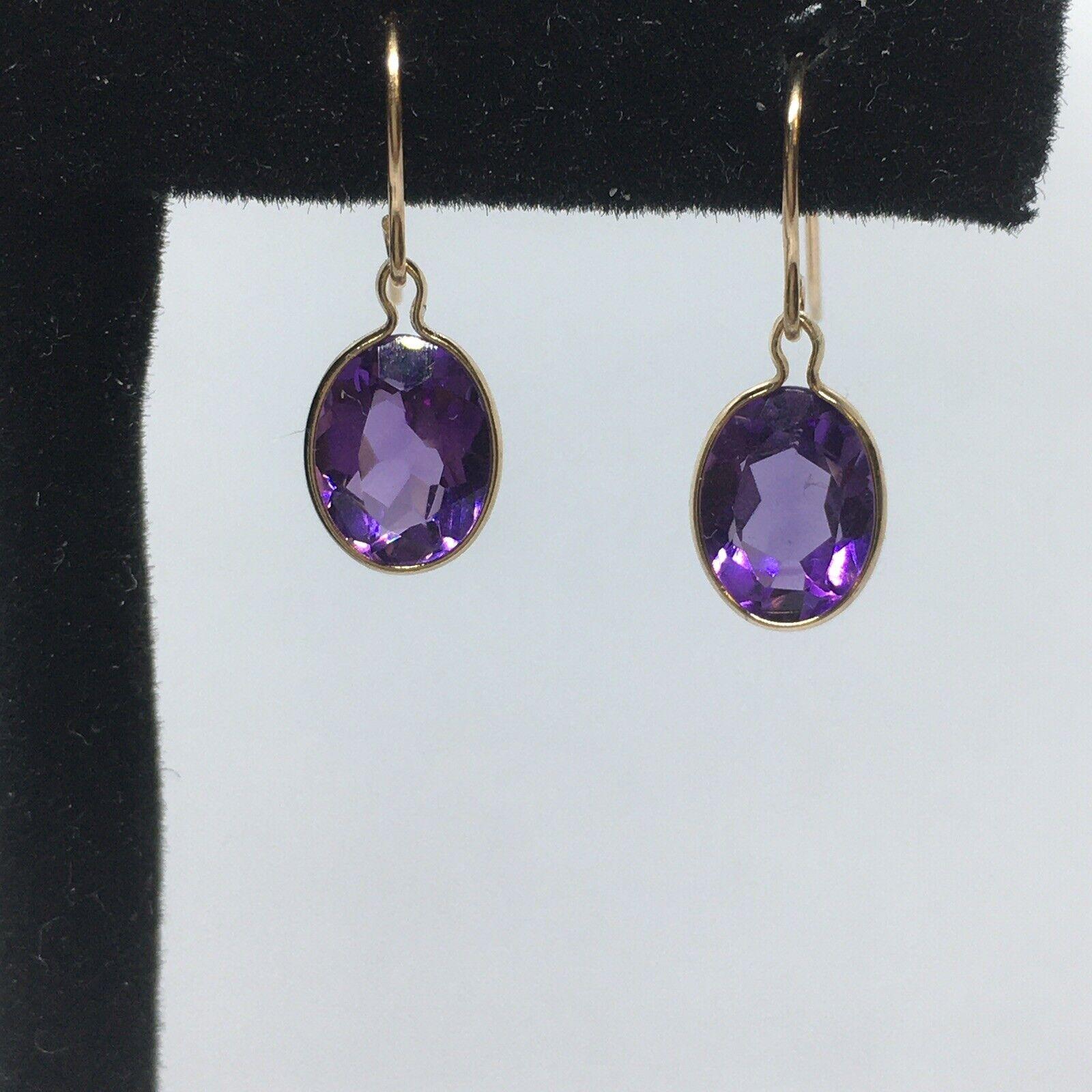 14K Solid Yellow Gold Oval Cut Amethyst Dangling Wire Earrings In New Condition For Sale In Santa Monica, CA