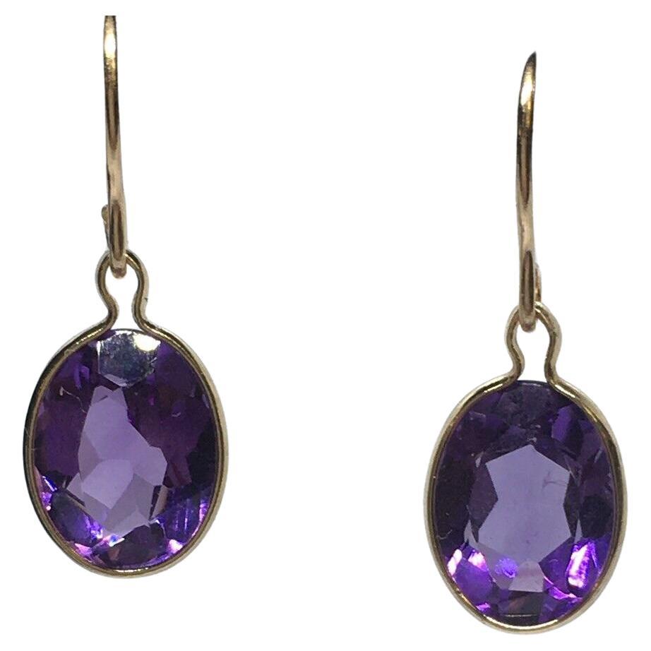 14K Solid Yellow Gold Oval Cut Amethyst Dangling Wire Earrings For Sale