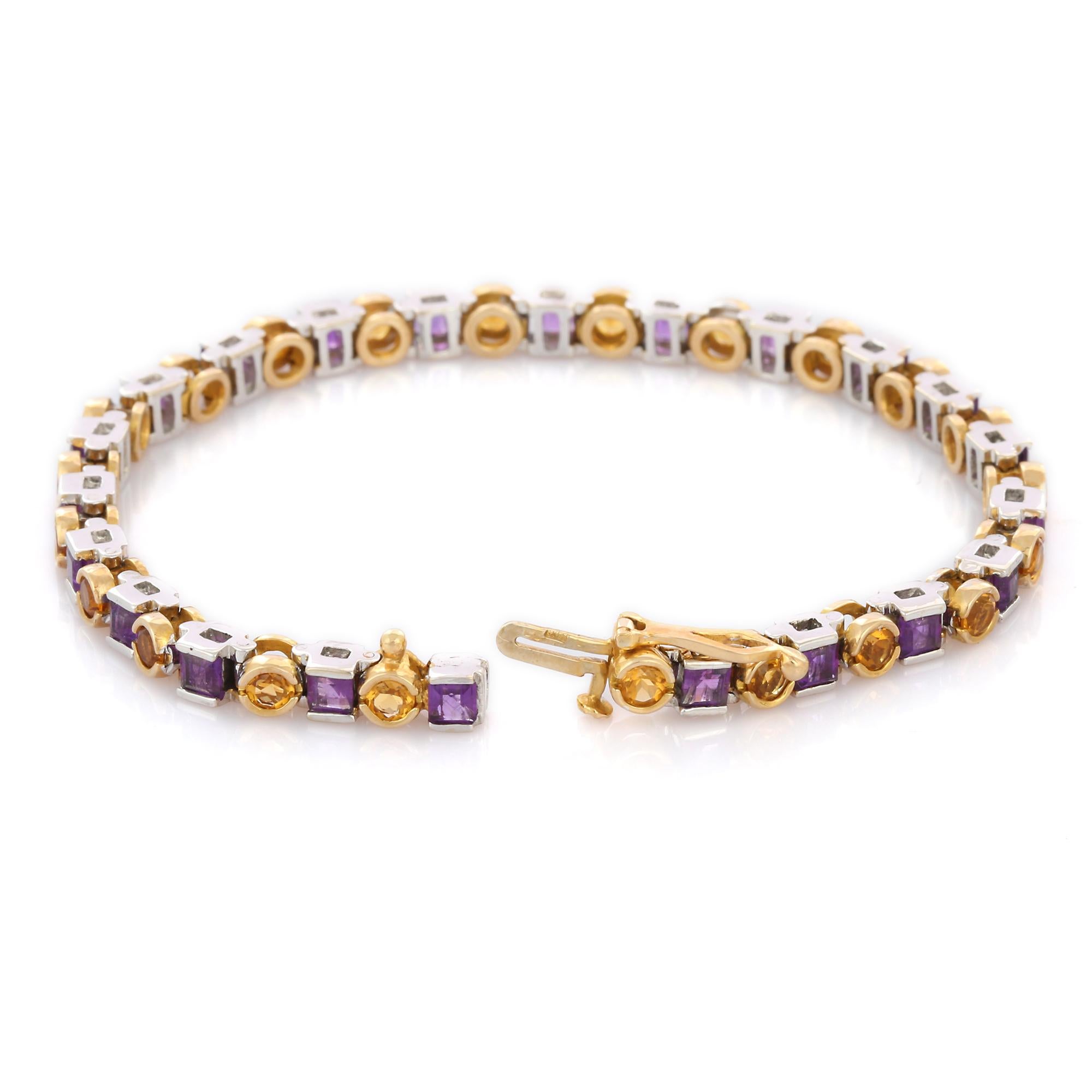 Contemporary 14K Solid Yellow Gold Amethyst and Citrine Gemstone Tennis Bracelet For Sale