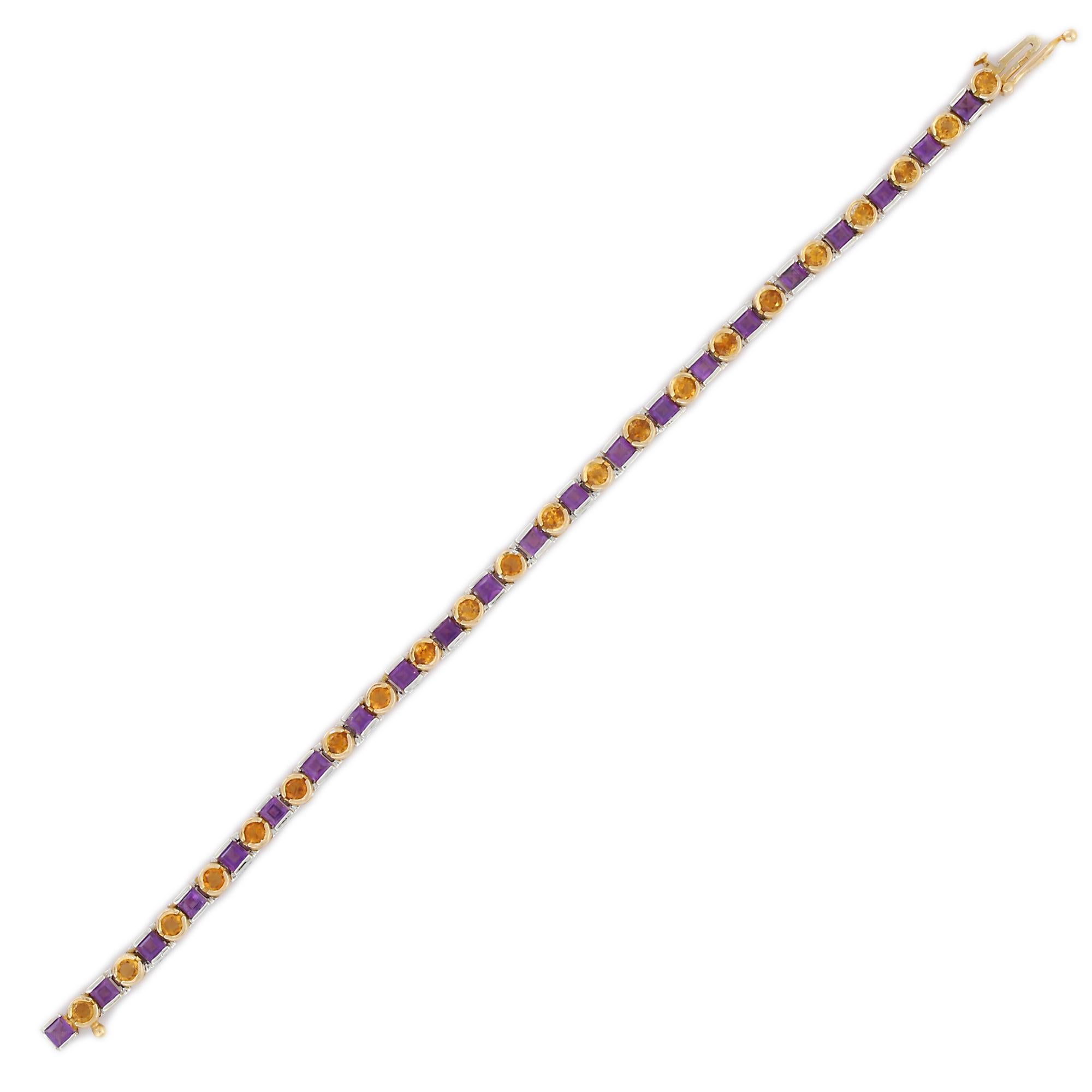 Square Cut 14K Solid Yellow Gold Amethyst and Citrine Gemstone Tennis Bracelet For Sale