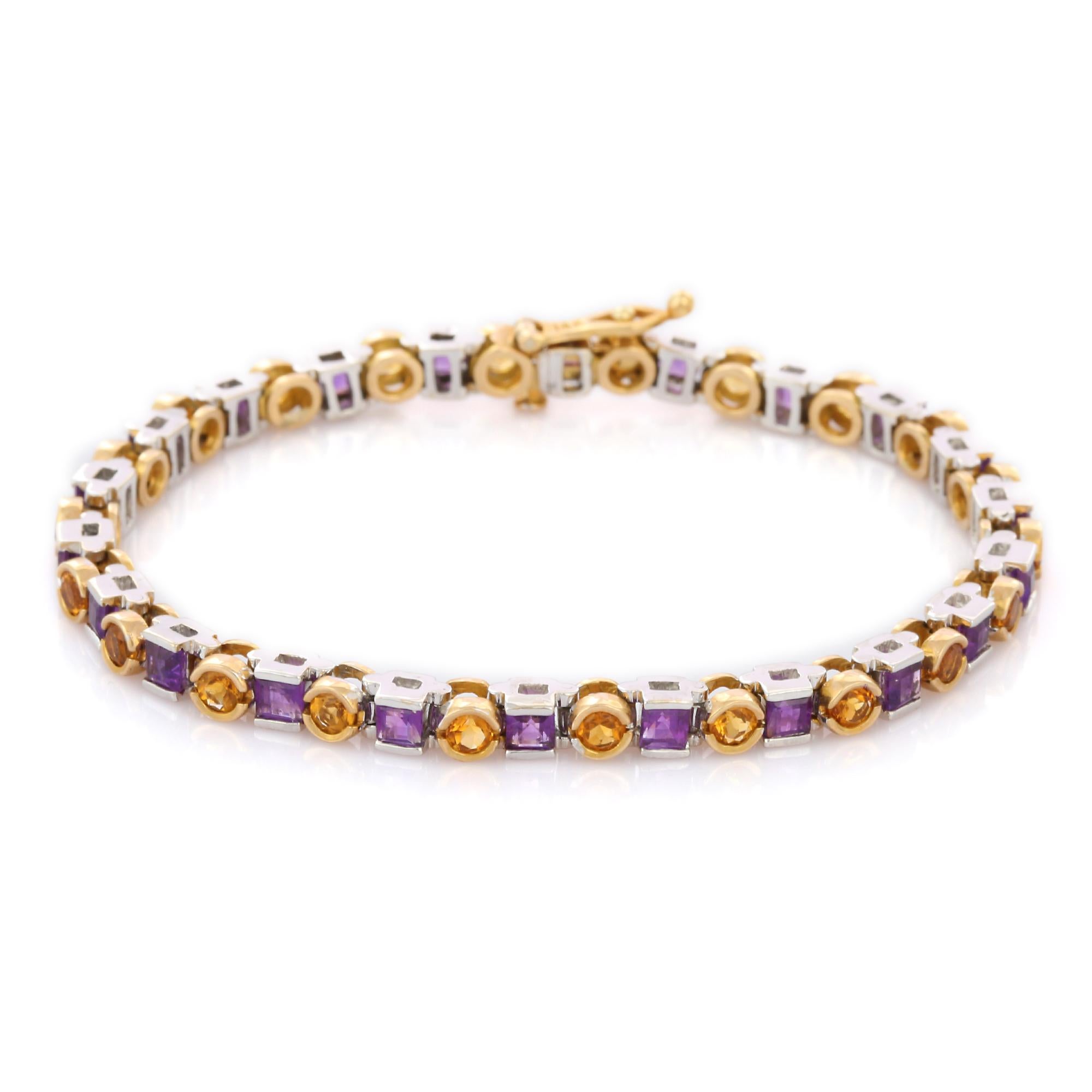 14K Solid Yellow Gold Amethyst and Citrine Gemstone Tennis Bracelet In New Condition For Sale In Houston, TX