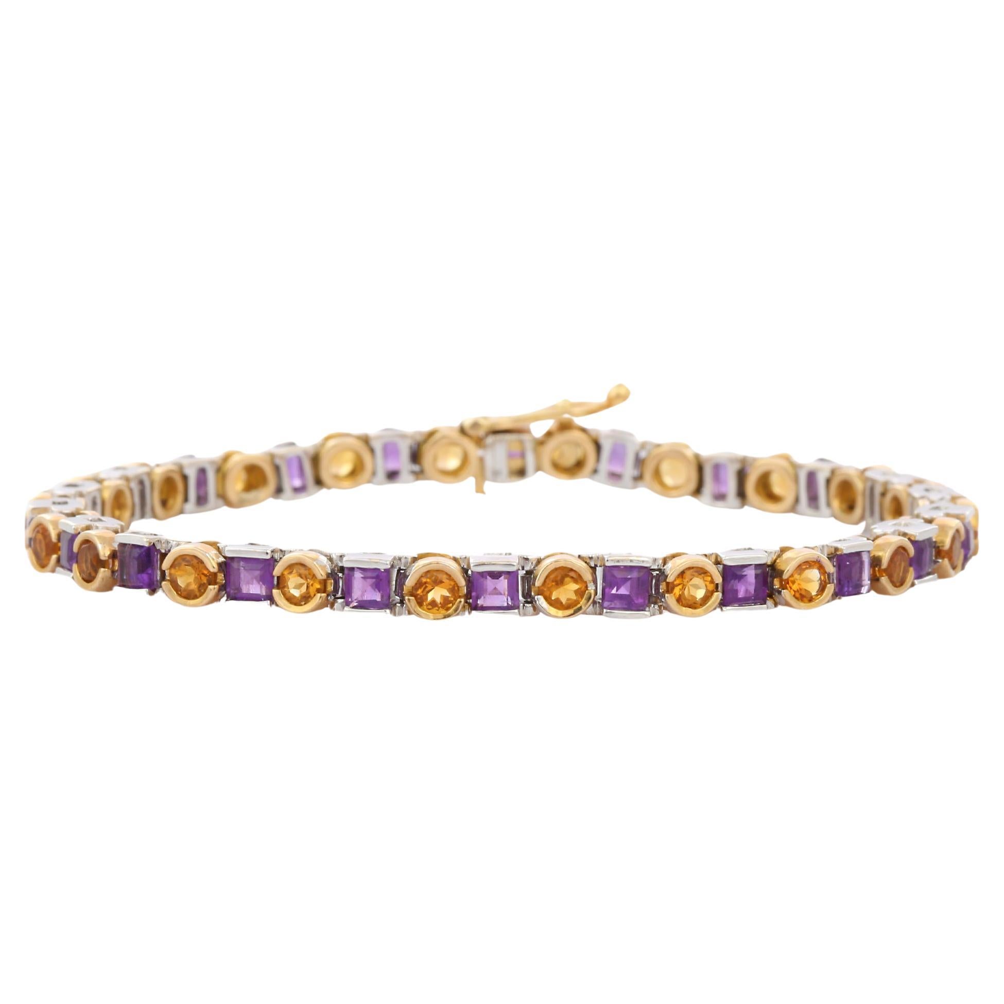 14K Solid Yellow Gold Amethyst and Citrine Gemstone Tennis Bracelet For Sale