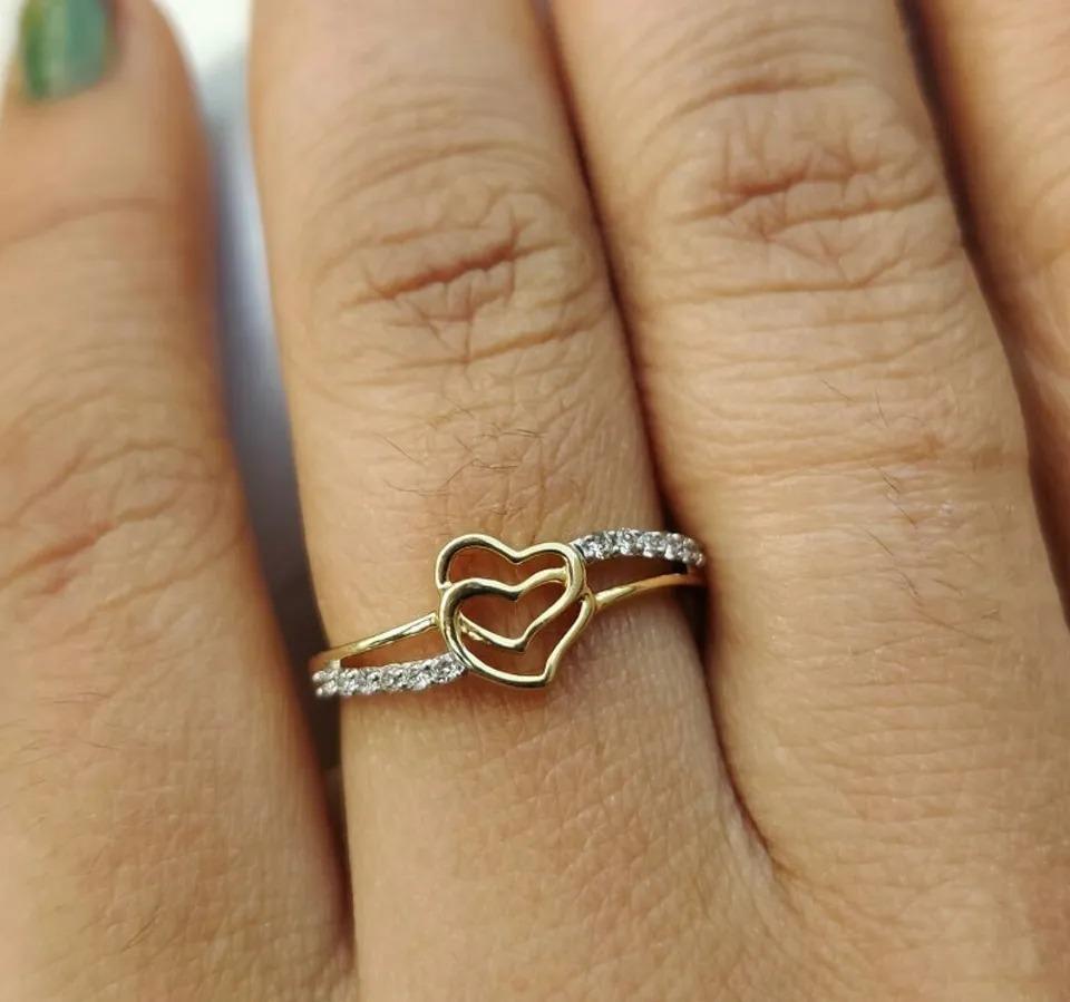 Round Cut Diamond Heart Love Couple Ring in 14k Solid Gold For Sale
